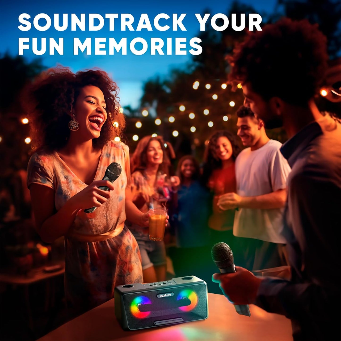 MASINGO Karaoke Machine for Adults and Kids with 2 Wireless Microphones, Portable Bluetooth Singing Speaker, Colorful LED Lights, PA System, Lyrics Display Holder, and TV Cable. Presto G2