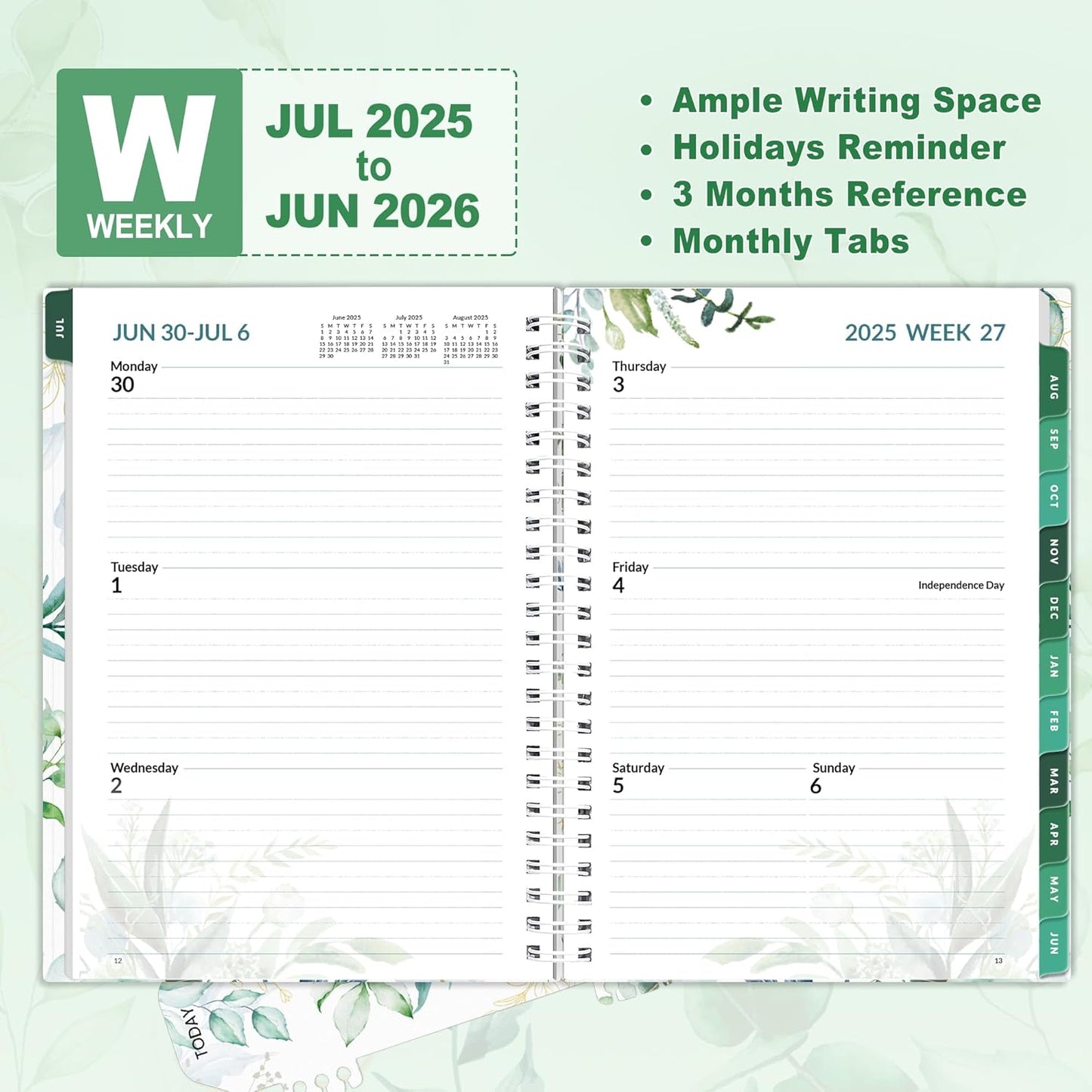 SUNEE Academic Planner 2025-2026 Weekly and Monthly - from July 2025 to June 2026, 6.4"x8.3" School Year Calendar Daily Planner with Monthly Tab, Flexible Cover, Note Pages, Spiral Binding, Greenery