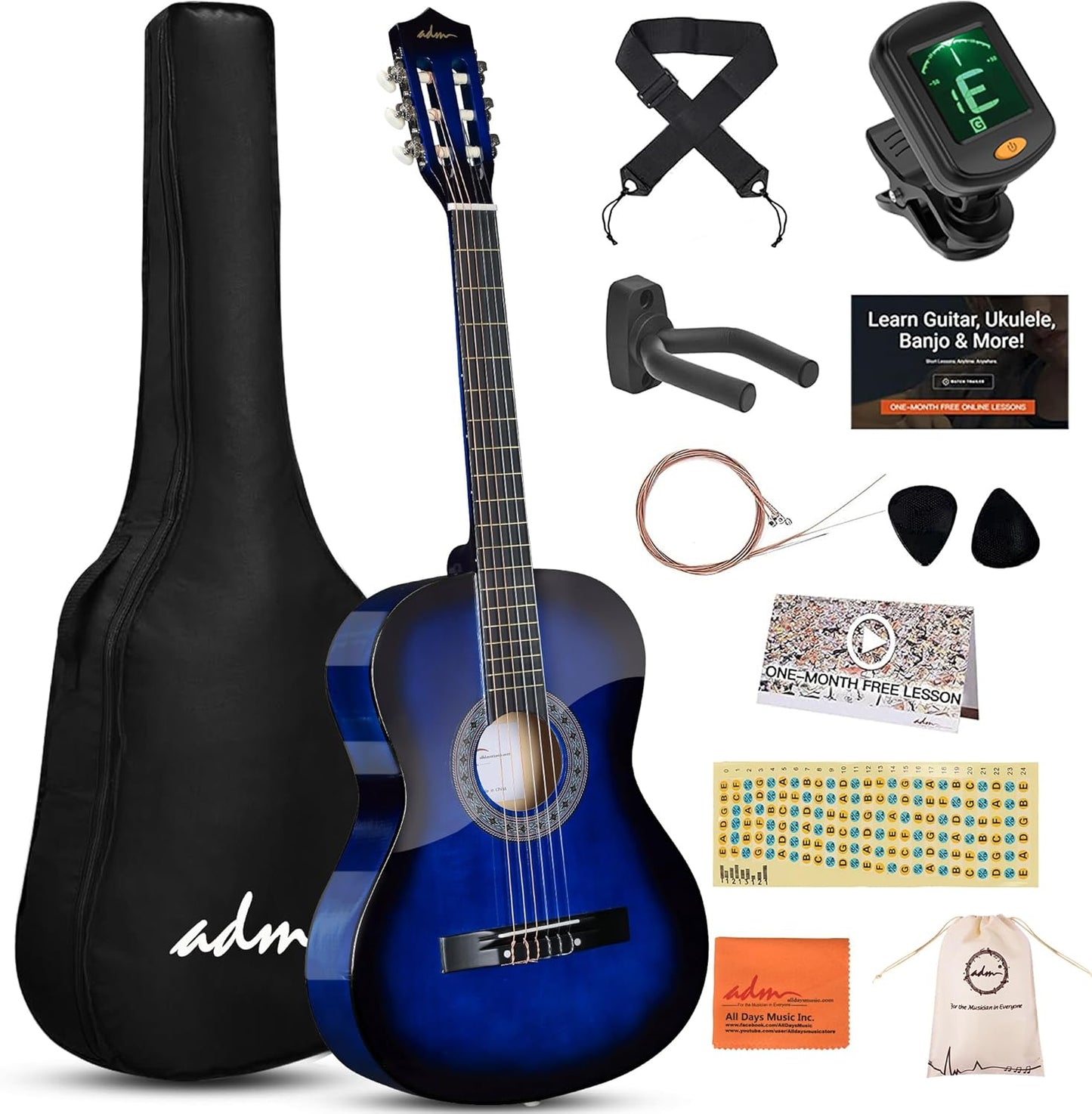 ADM Beginner Acoustic Classical Guitar 38 Inch Nylon Strings Wooden Guitar Bundle Kit for Kid Boy Girl Student Youth Guitarra Online Lessons with Gig Bag, Strap, Tuner, Strings, Blue