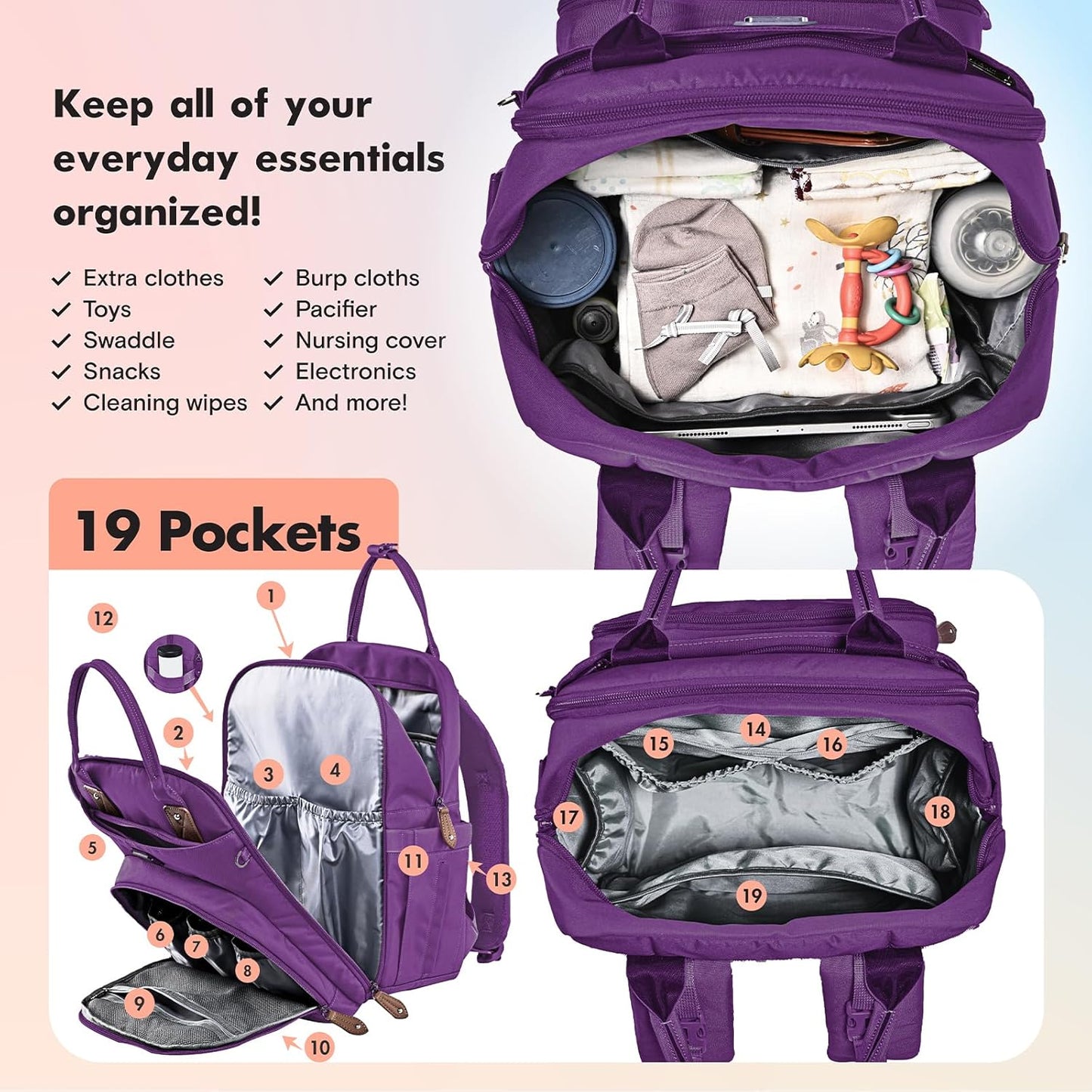 Dikaslon Diaper Bag Backpack with Portable Changing Pad, Pacifier Case and Stroller Straps, Large Unisex Baby Bags for Boys Girls, Multipurpose Travel Back Pack Moms Dads, Purple