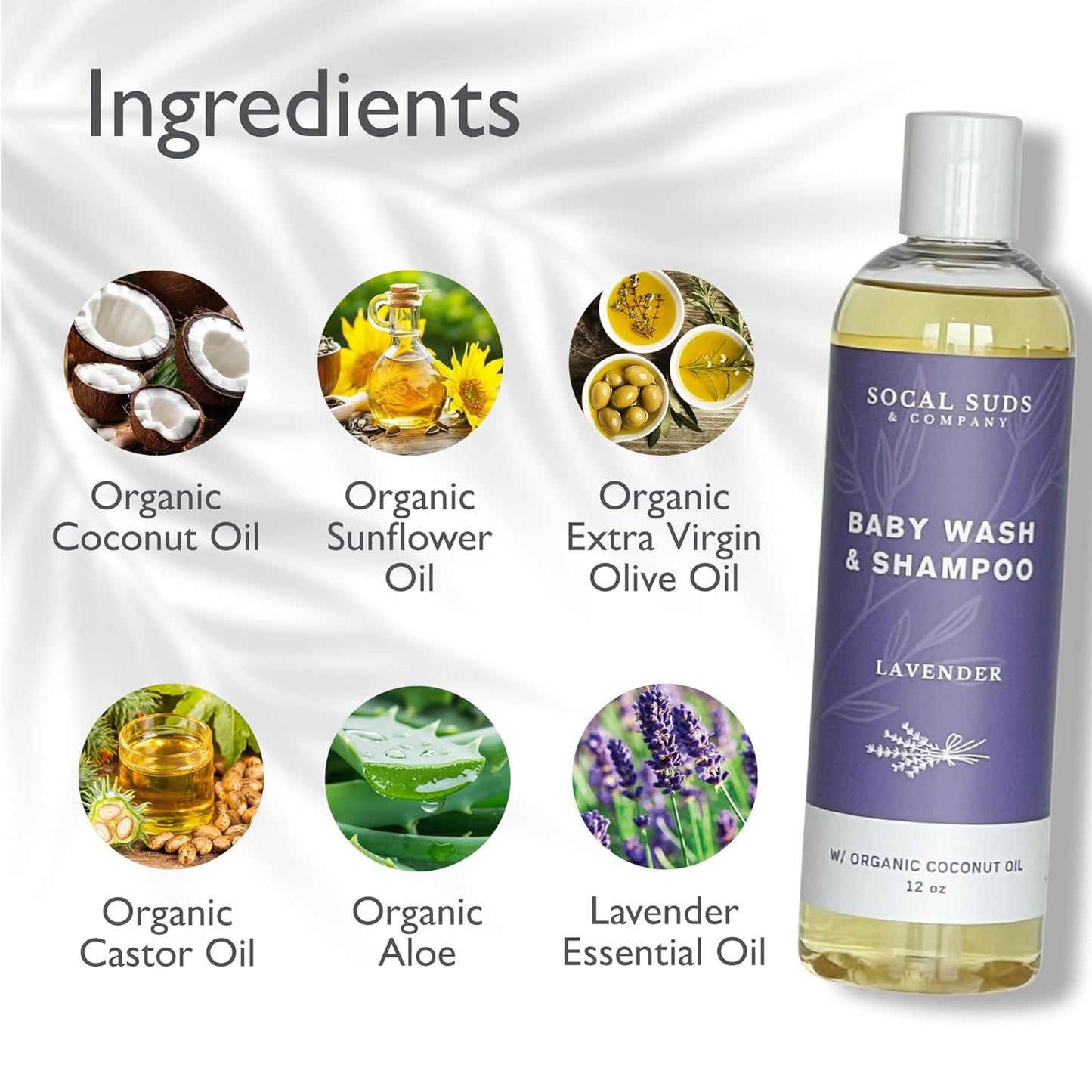 SoCal Suds & Company Baby Shampoo & Body Wash, 2-in-1 Organic Gel - Gentle Castile Soap with Vitamin-Infused Oils & Botanicals - Natural Care for Sensitive Skin & Body Hypoallergenic - 12oz Lavender