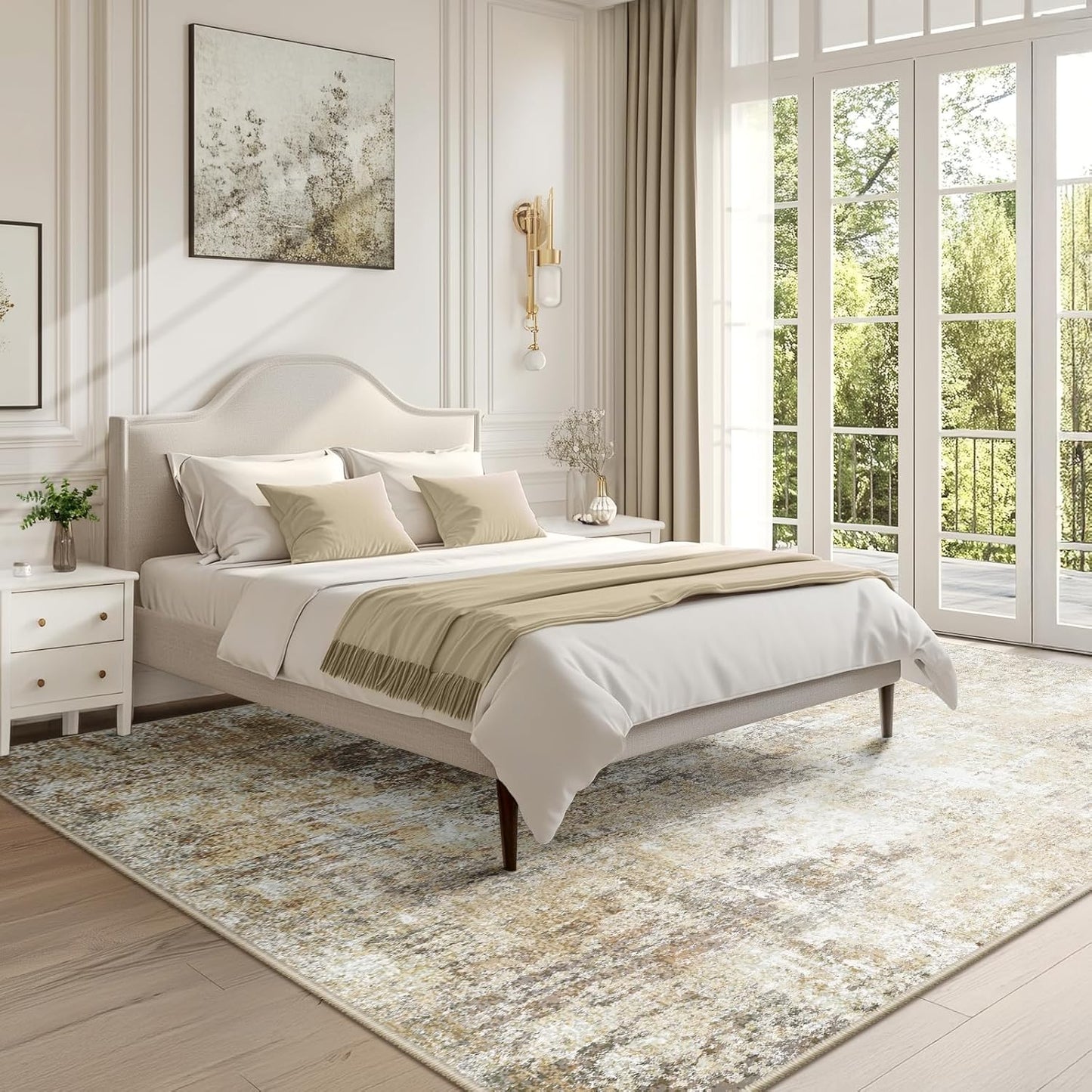 Washable Area Rugs 8'x10' Non-Slip Modern Abstract Soft for Living Room Entryway Bedroom Nursery, Print Pattern, Neutral Brown Gray