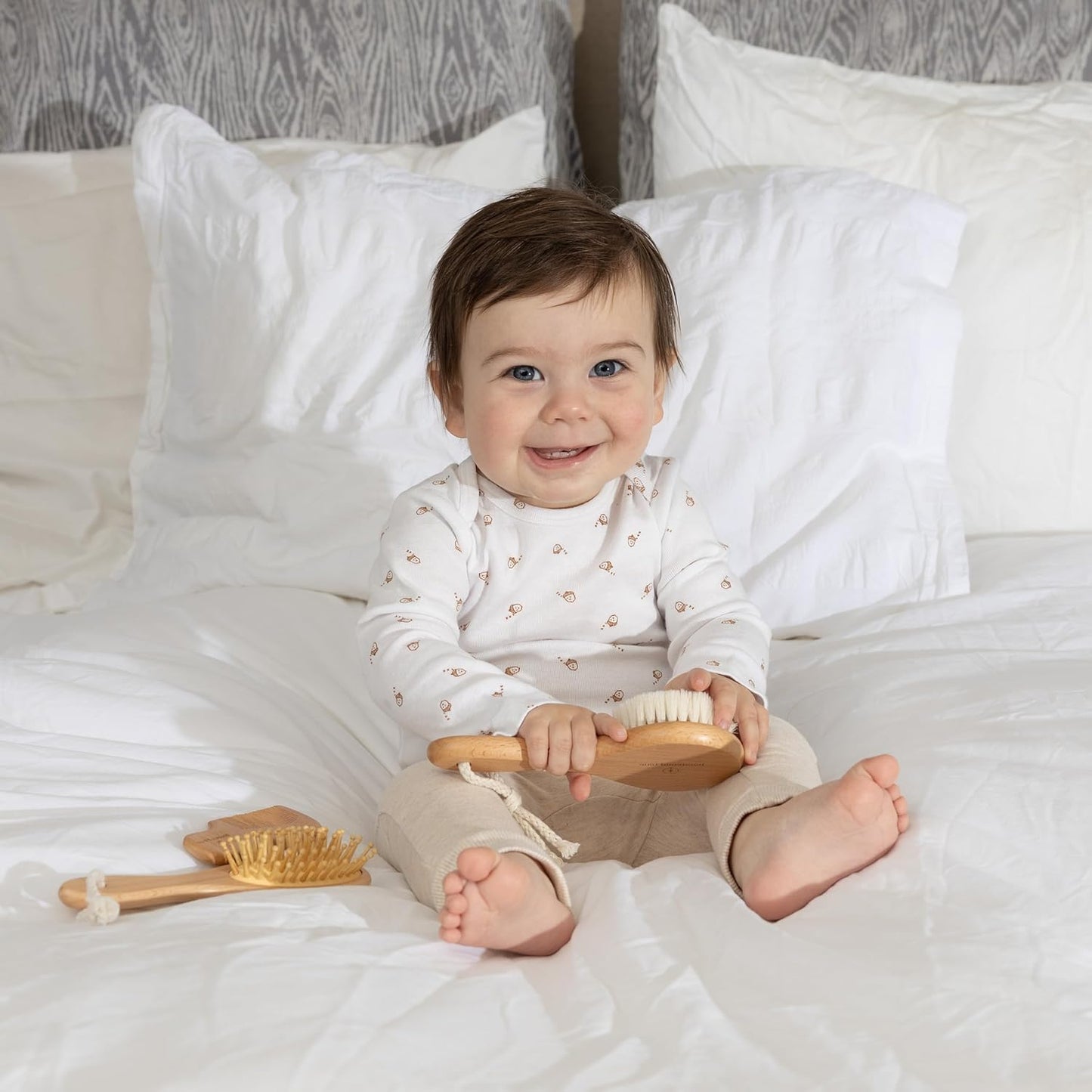 Natural Baby Hair Brush Set with Boho Bag - Goat Hair Cradle Cap Brush, Toddler Brush and Comb - Scalp Grooming Baby Hairbrush for Newborn and Infant, Wooden Brushes for Boys and Girls