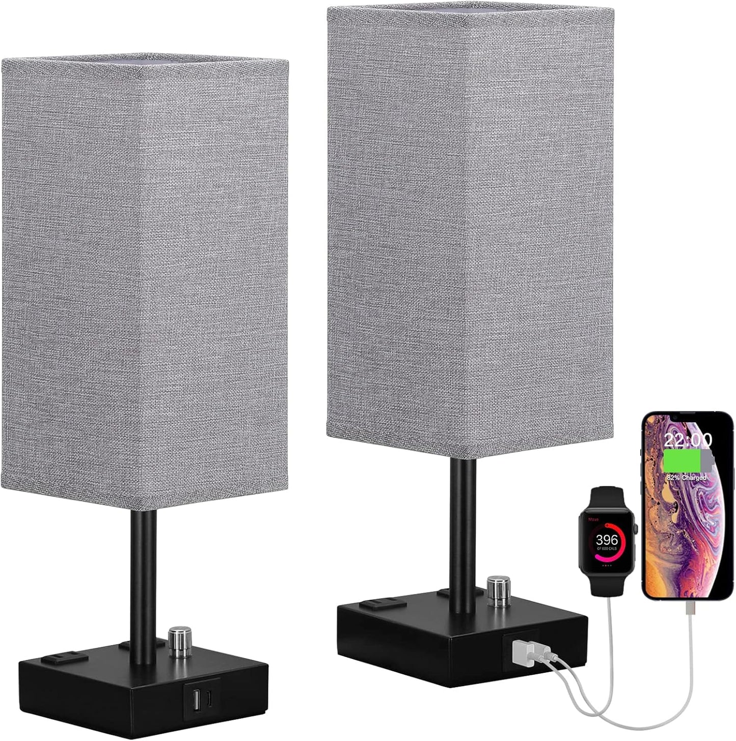Gray Fully Dimmable Nightstand Lamps Set of 2 - Table Bedside Lamp with USB C+A Charging Ports & 2 AC Outlets, Square Lamp Sets Linen Fabric Shade for Bedroom Living Room(Bulb Included)