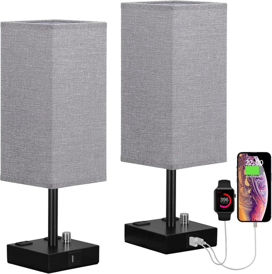 Gray Fully Dimmable Nightstand Lamps Set of 2 - Table Bedside Lamp with USB C+A Charging Ports & 2 AC Outlets, Square Lamp Sets Linen Fabric Shade for Bedroom Living Room(Bulb Included)
