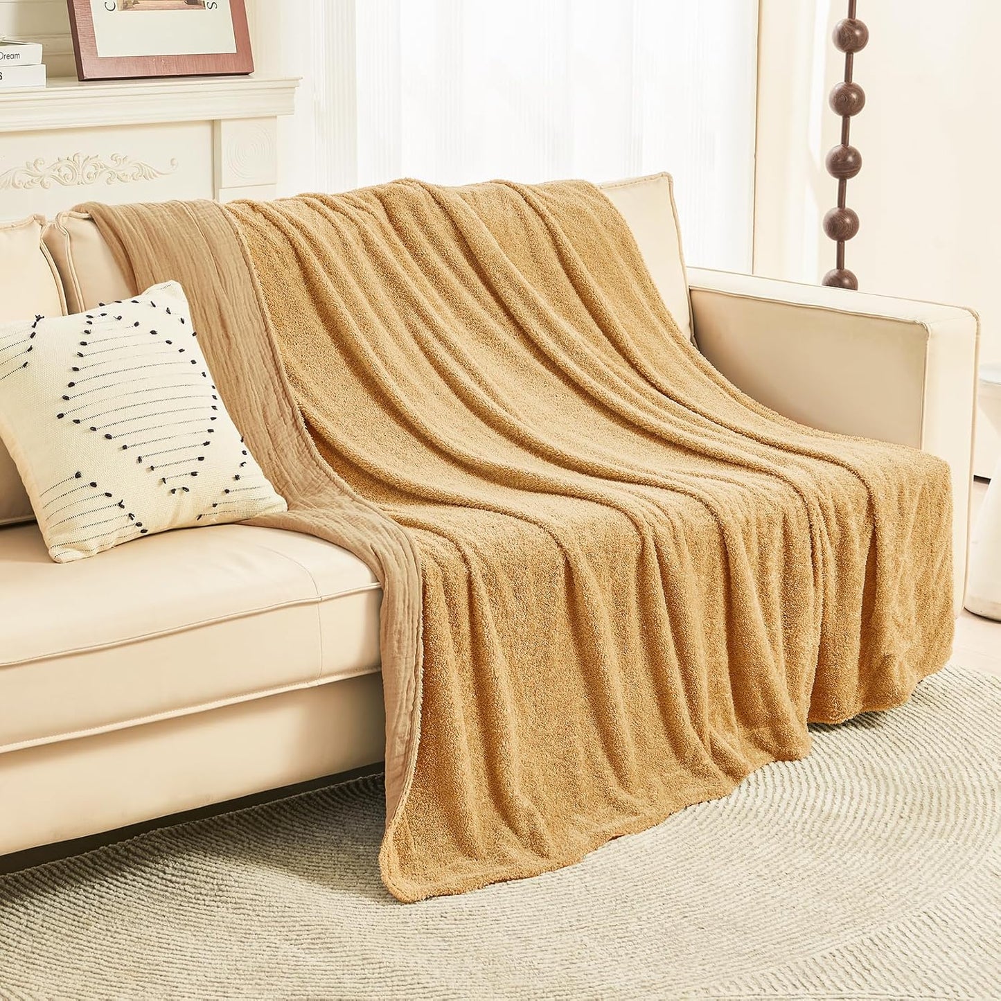 EMME Muslin and Fleece Throw Blanket Reversible - 50"*60" Beige Soft Warm Throw Blankets for Couch Bed Picnic Travel Bed