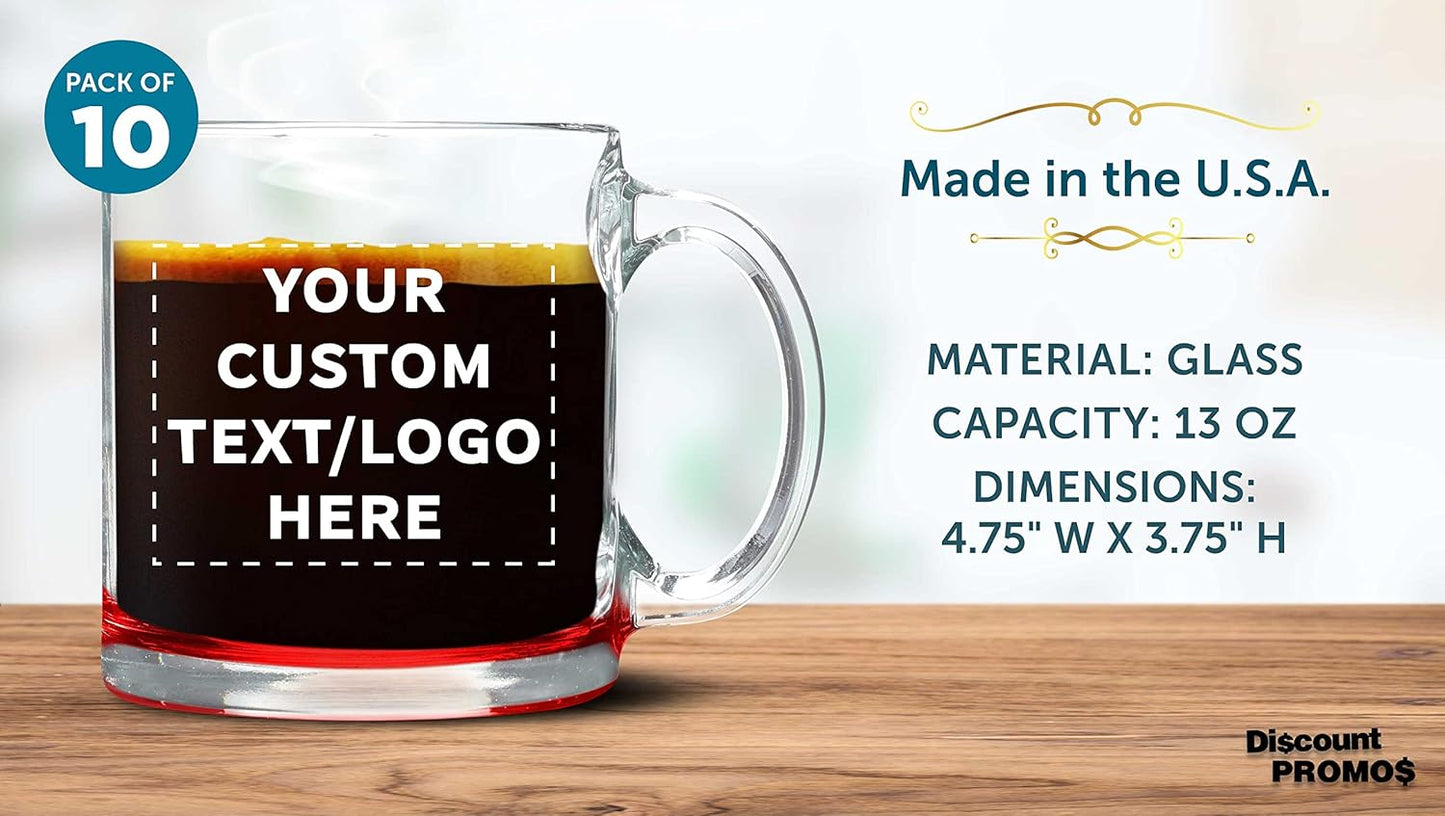 Custom Libbey Clear Glass Coffee Mugs 13 oz. Set of 10, Personalized Bulk Pack - Perfect for Coffee, Tea, Espresso, Hot Cocoa, Other Beverages - Red Bottom