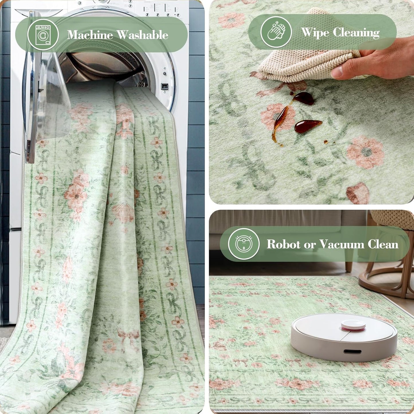 Wonnitar Green Area Rug for Living Room, Floral Bow 8x10 Washable Rug, Ultra-Thin Non Shedding Soft Boho Carpet for Bedroom Dining Room Playroom Dorm, Light Green