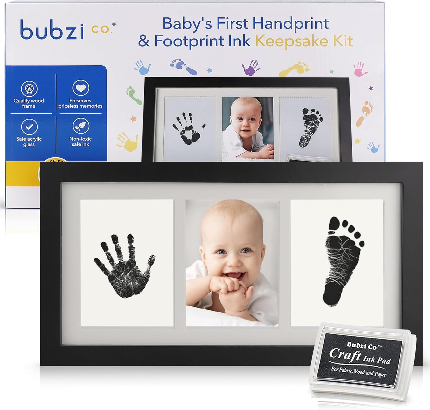 Bubzi Co Baby Handprint Kit & Footprint Photo Frame for Newborn Girls and Boys, Unique Baby Shower Gifts Set for Registry, Memorable Keepsake Decorations for Room Wall or Nursery Decor (Jet Black)