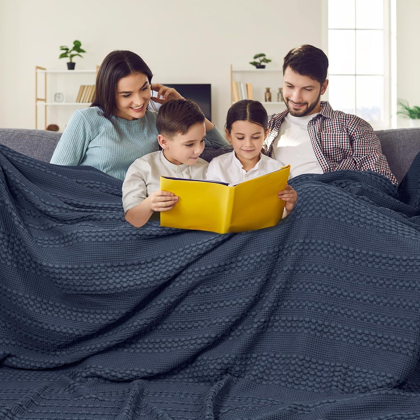 PHF 100% Cotton Waffle Blanket Oversized King 120"x120", Lightweight Breathable Extra Large 10'x10' Summer Blankets for Bed, Giant Big Luxury Aesthetic Woven Bedding for Home Decor, Dark Navy