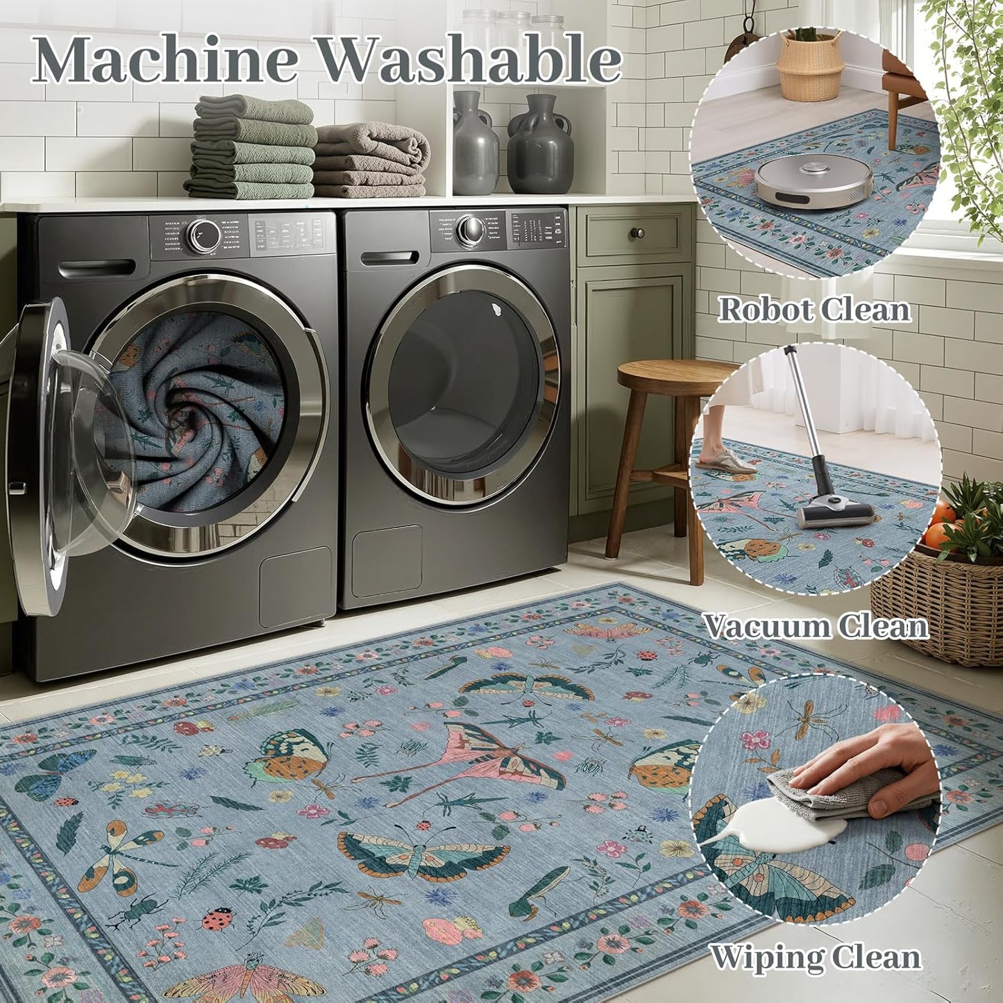 4ft Washable Round Rug - Bug Rugs for Living Room Non-Slip Low Pile Soft Ultra-Thin Machine Washable Circle Carpet for Bedroom, Entryway, Nursery, Kitchen, Home Office (4' Round Blue)