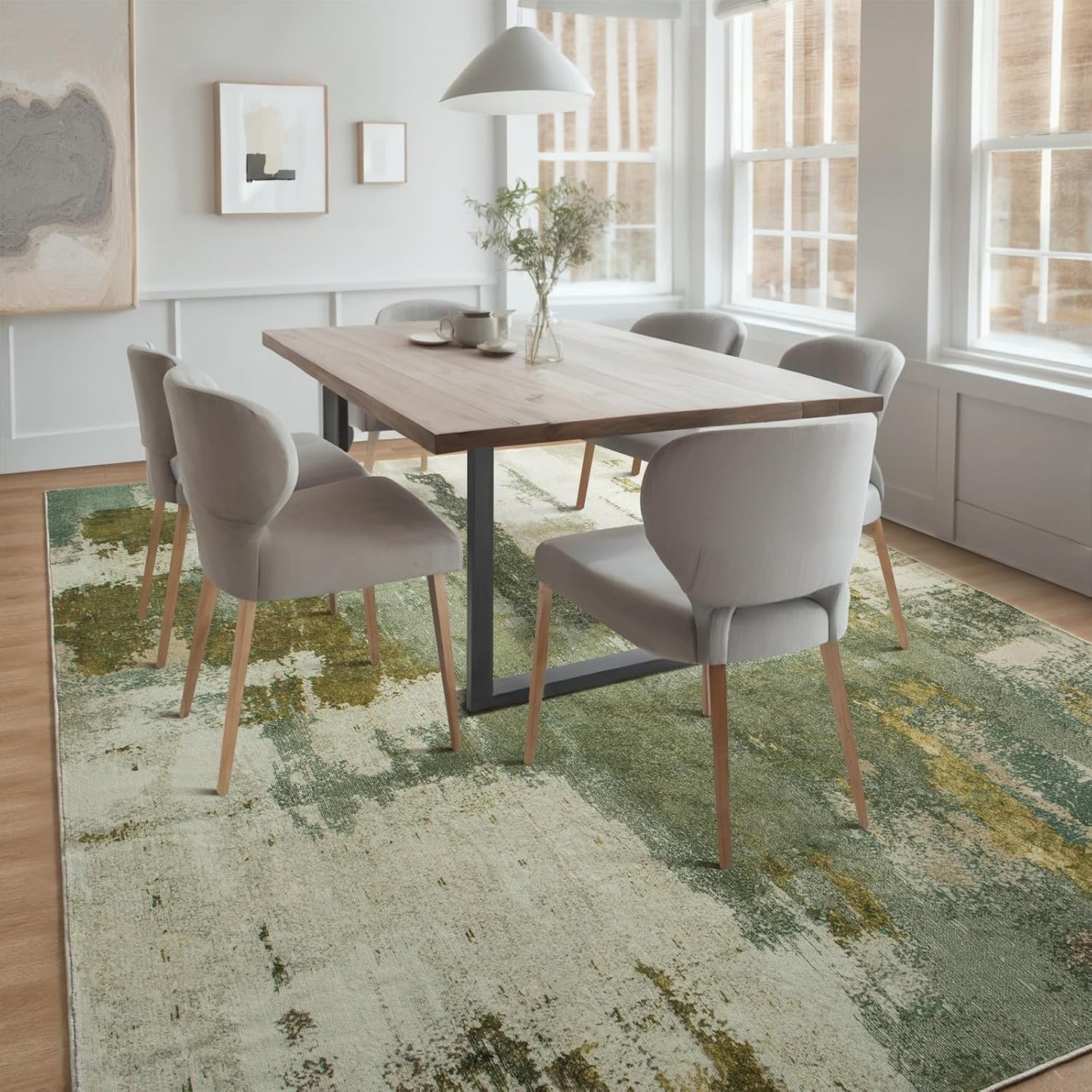 Kelarea Living Room Rug, 8x10 Rug Modern Abstract Washable Rugs Green Faux Wool Vintage Carpet, Non Slip Large Rugs for Bedroom, Dining Room, College Dorm, Home Office