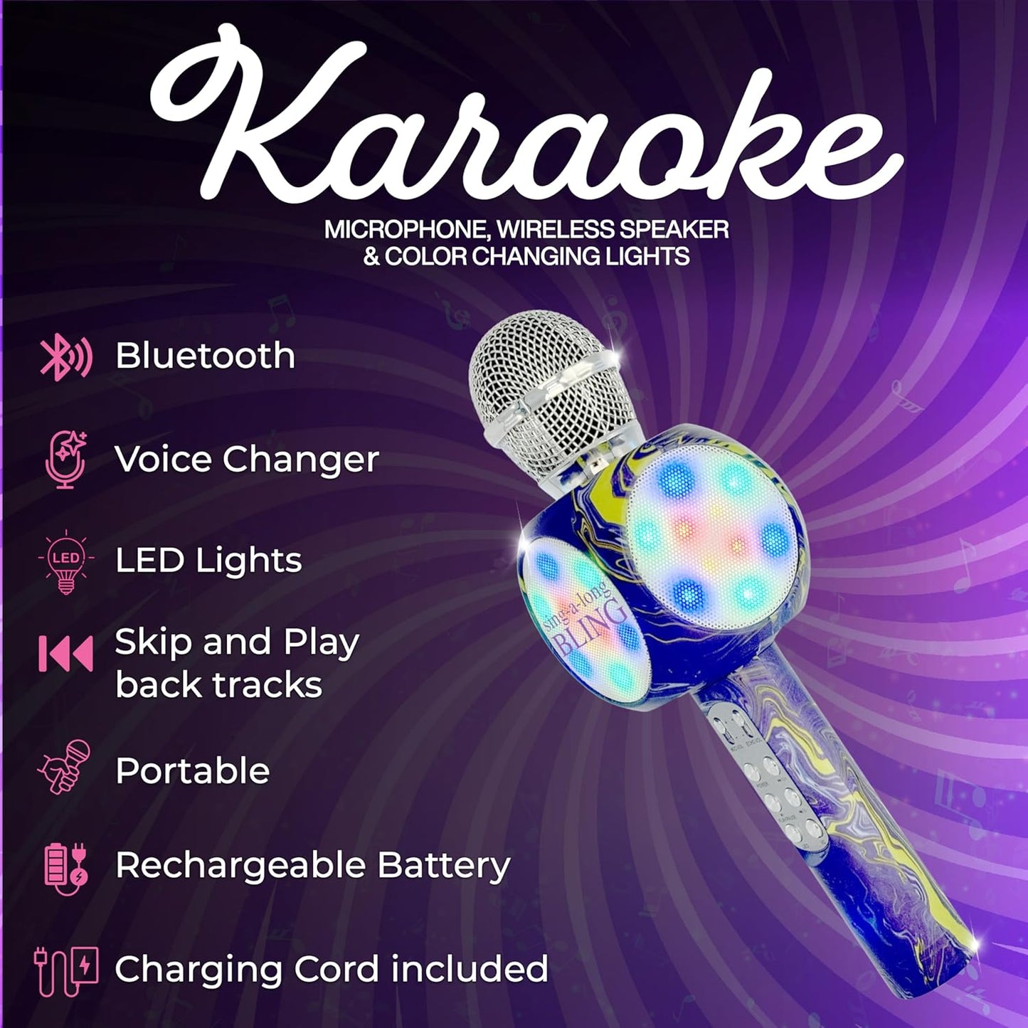 Sing-Along Bling Bluetooth Karaoke Microphone and Bluetooth Stereo Speaker All-in-One (Swirl Purple)