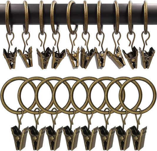100 Pack Bronze Curtain Rings with Clips, Curtain Hooks Hangers Clip Rings for Hanging Drapes Bows Hat, Drapery Rings 1 in I D, Fits up to 5/8 in Diameter Curtain Rod.