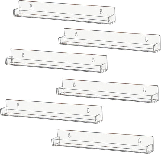 IEEK 6 PCS Acrylic Invisible Floating Bookshelf for Kids Room,15 inch Modern Picture Ledge Display Toy Storage Wall Shelf Vinyl Record Shelf U Shelves Storage Rack