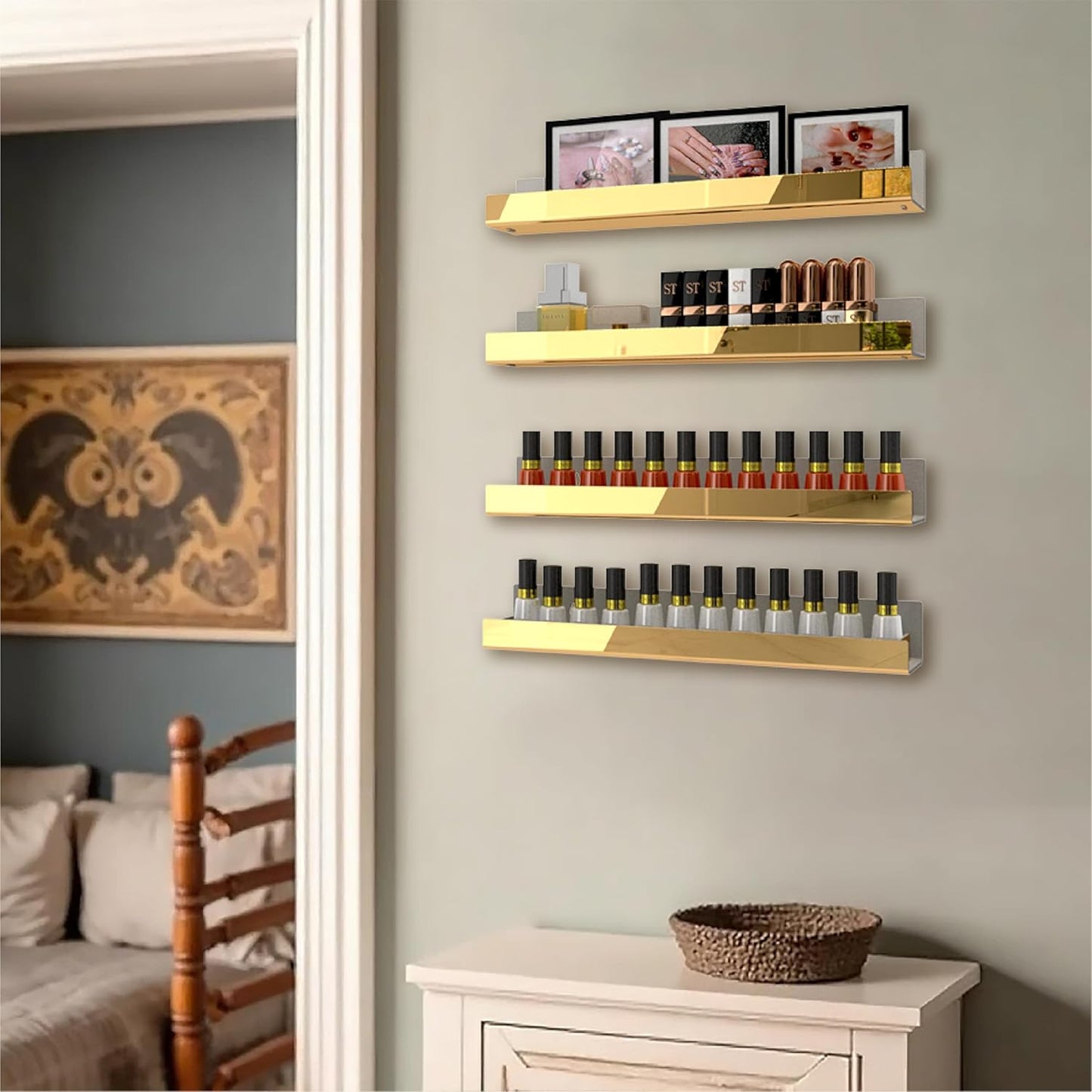 4 Pack 15 Inch Gold Reflective Acrylic Shelves, Gold Foating Shelves, Modern Sunglasses Essential Oil Picture Ledge Display Toy Storage Shelf