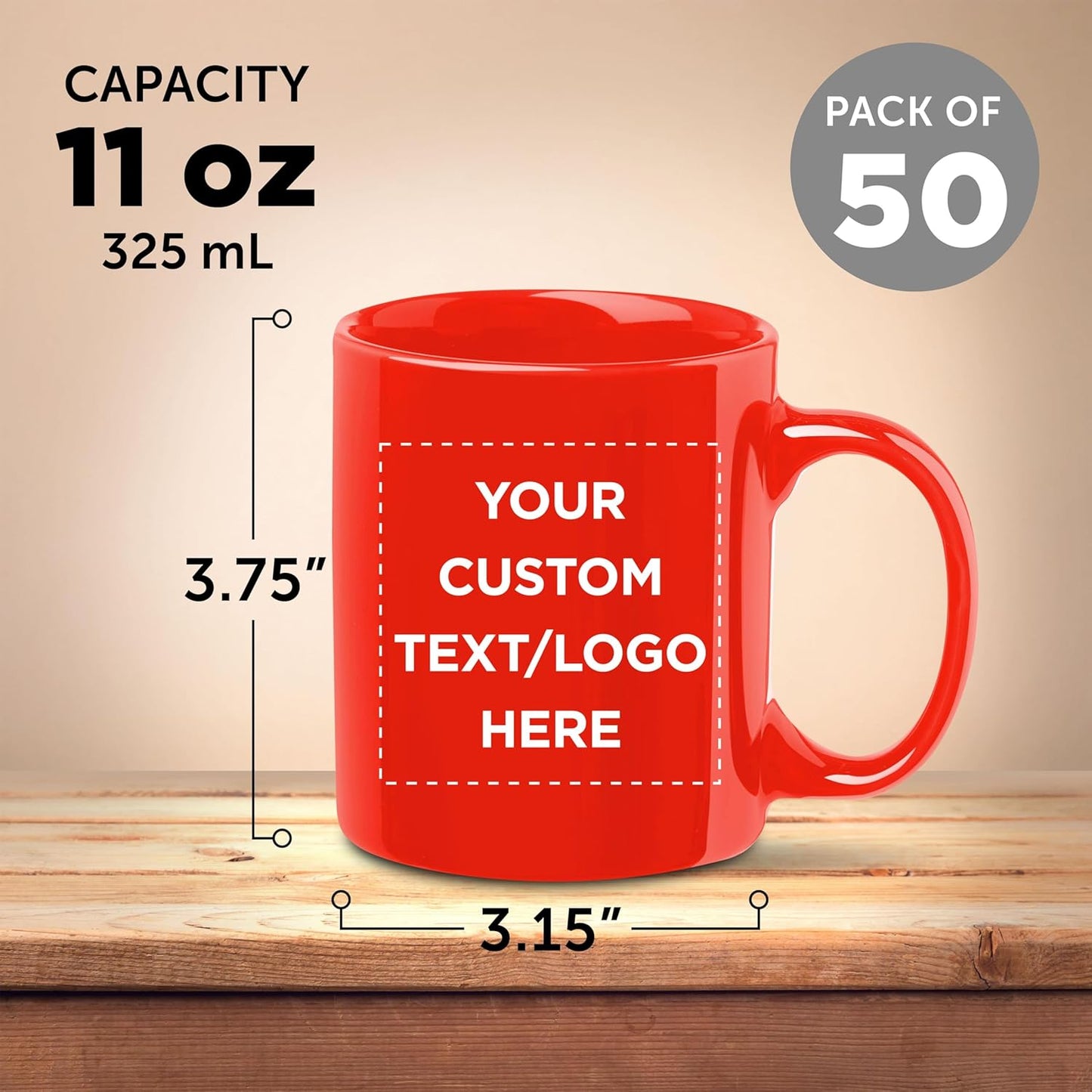 Custom Ceramic Coffee Mugs 11 oz. Set of 50, Personalized Bulk Pack - Coffee cup set, Iced coffee cup, Gaming mug - Red