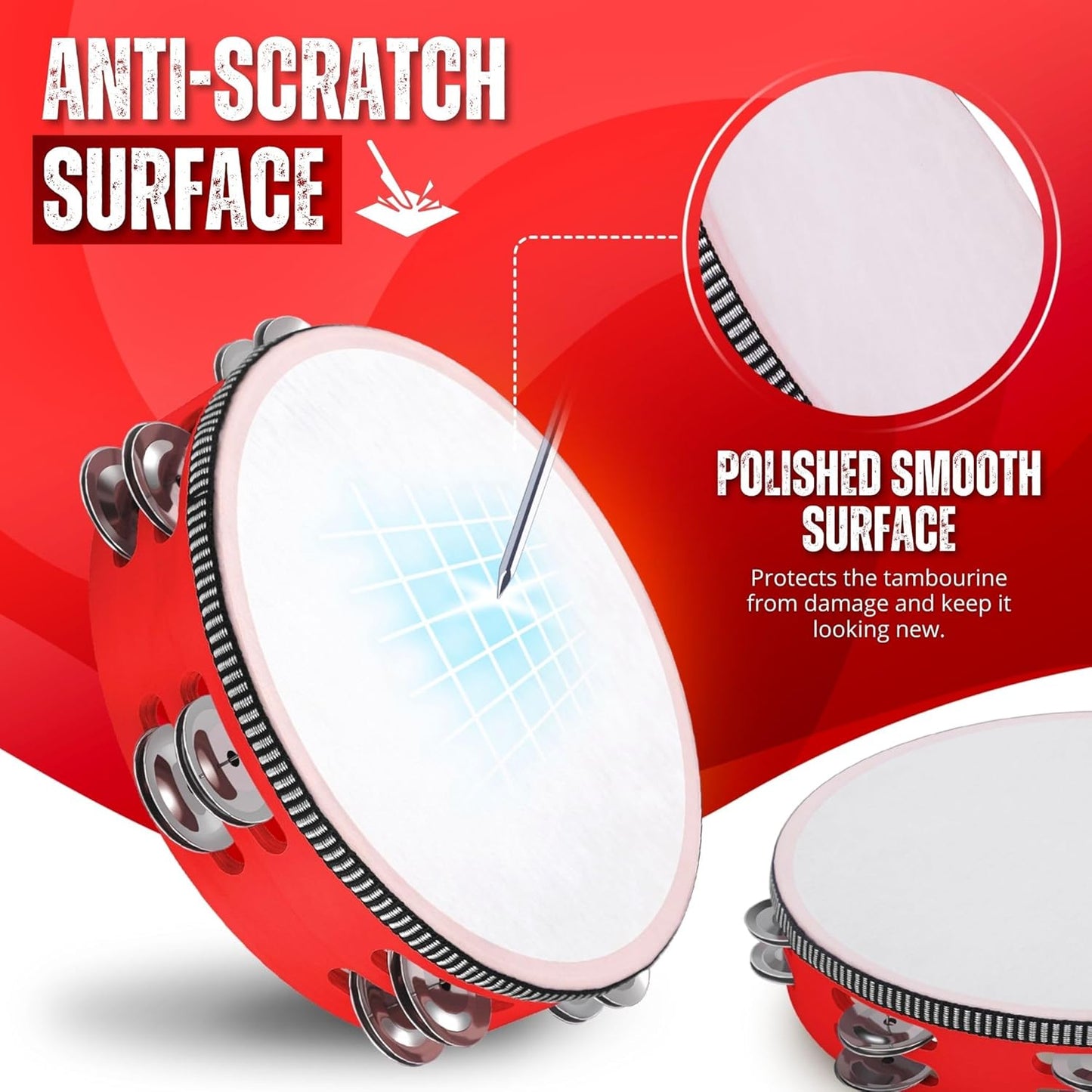 Flexzion Wood Handheld Tambourine Adults 8-Inch Double Row 8-Pair Jingles (Red) - Percussion Round Tamborines Musical Instrument with Metal Zills