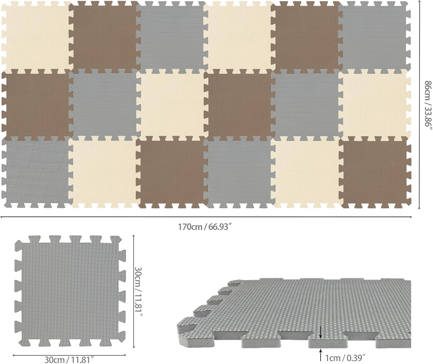 qqpp EVA Rubber 18 Tiles Interlocking Puzzle Foam Floor Mats - Baby Play Mat for Playing | Exercise Mat for Home Workout. Brown, Beige, Gray. QC-FJLb18N