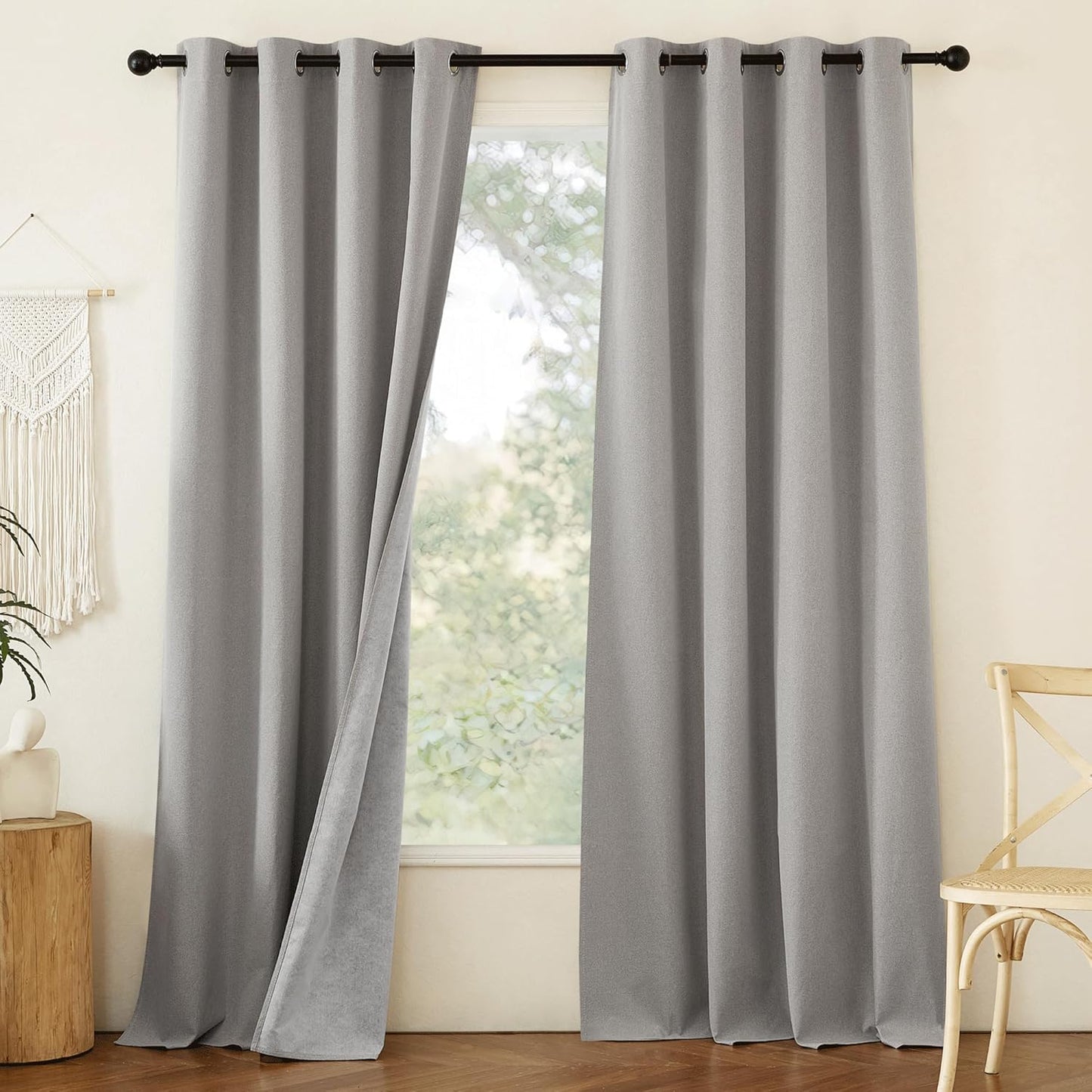NICETOWN 100% Absolutely Blackout Faux Linen Curtains with Thermal Insulated White Liner, 52" W, 2 PCs, Light Grey, 90" Long Drapes Sweep The Floor Decorative Keep Privacy Panels for Living Room/Villa