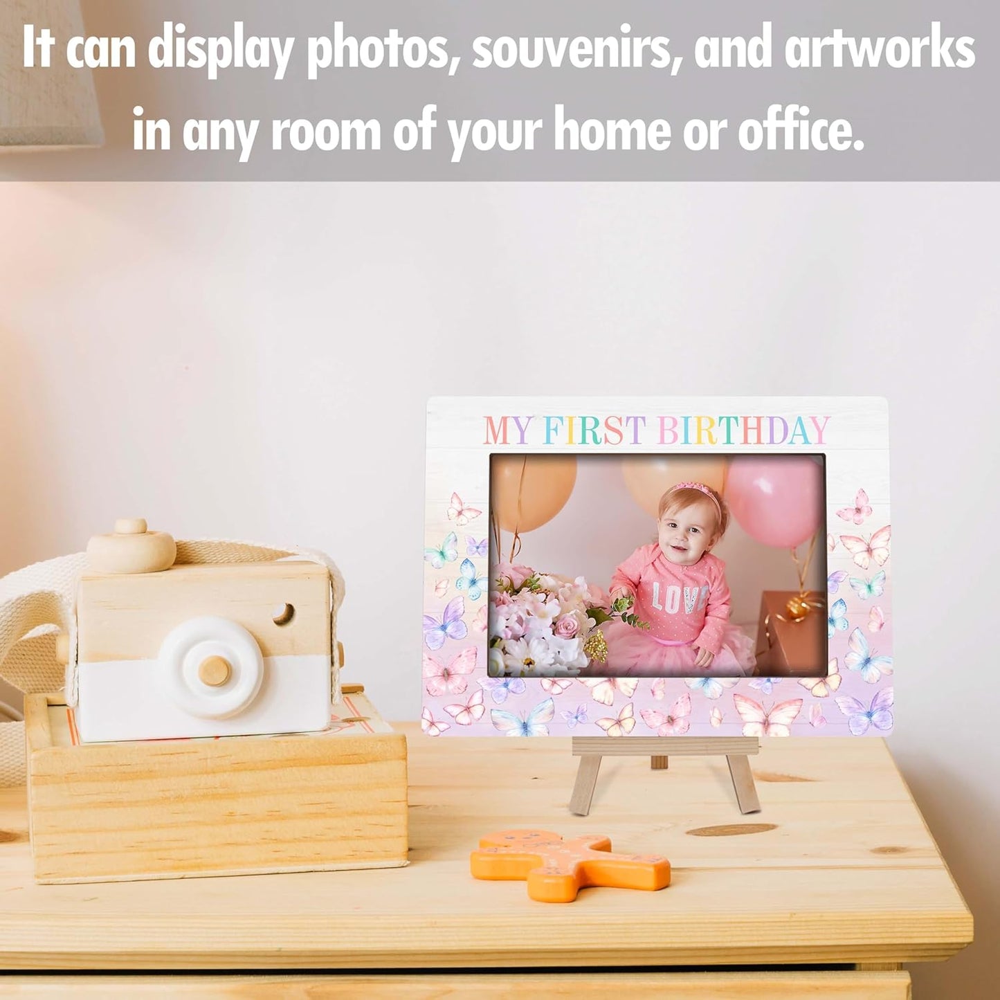 My 1st Birthday Picture Frames, Rainbow Butterfly Wooden 4x6 Photo Frame with Easel, Baby First Year Birthday Gifts for Home Office Tabletop Display Decorations - G06