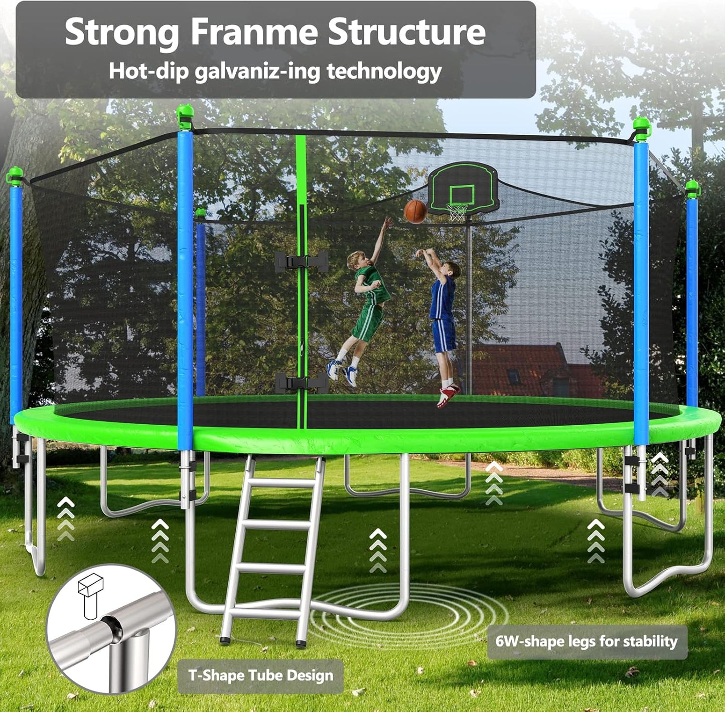 Upgraded 10/12/14/15/16FT Trampoline Outdoor, Large Kids Trampoline with Light, Stakes, Sprinkler, Backyard Trampoline with Basketball Hoop and Net, Capacity for 4-6 Kids and Adults