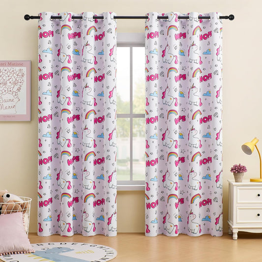 Unicorn Blackout Curtains for Girls' Bedroom - 2 Panels, Each W52×L84, 100% Blackout, Energy Efficient, Thermal Insulated, Noise Reducing, Pink Girls Curtains