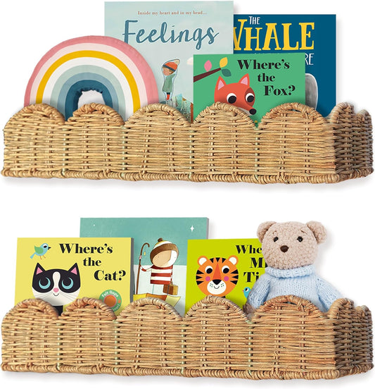 Nursery Book Shelves Set of 2 - Artisanal Natural Rattan Scalloped Book Shelf for Kids Rooms 15.8" W, Cute Wicker Nursery Bookshelf Wall Mounted, Handwoven Floating Kids Bookshelf, Baby Boho Decor