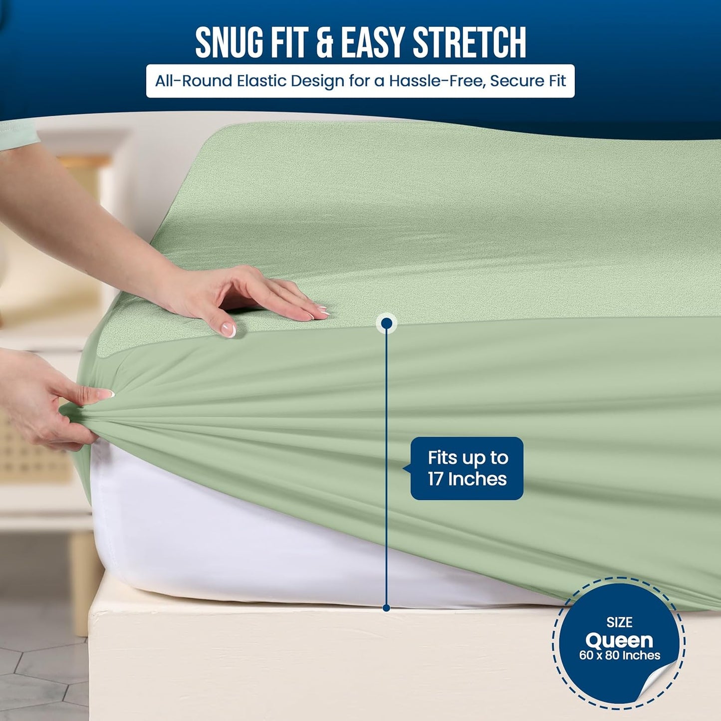 Utopia Bedding Waterproof Mattress Protector Queen Size, Premium Terry Mattress Cover 200 GSM, Breathable, Fitted Style with Stretchable Pockets (Sage)