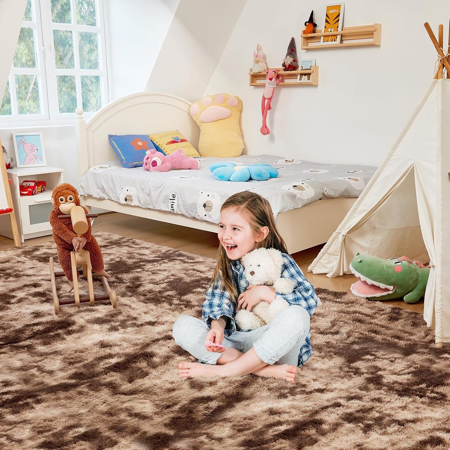 Ultra Soft Rug for Living Room, 5X8 Fluffy Shag Area Rug for Bedroom, Modern Shaggy Carpet Fuzzy Rug for Teens Dorm Nursery Home Decor Aesthetic, Upgrade Anti-Skid Durable, Tie-Dyed Coffee