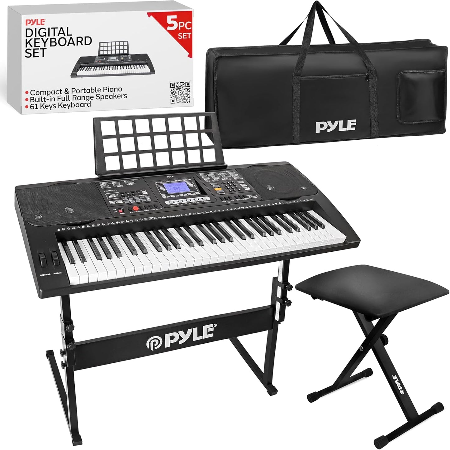 Pyle 61-Key Digital Karaoke Keyboard Piano – Portable Electronic Music Keyboard with Stand, Stool, Mic Input, Stereo Speakers, Record & Playback, Teaching Functions & Case Bag