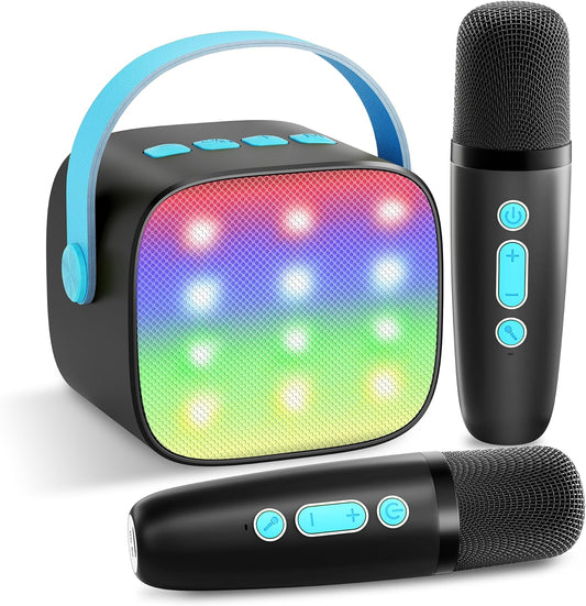 YLL Mini Karaoke Machine with 2 Wireless Microphones, TOP Kids Gifts for Girls Ages 3, 4, 5, 6, 7, 8, 9,10,11,12 +Year Old, 4-12 Years Old Birthday Toy Gift for Girls Boys Party (Black Blue)