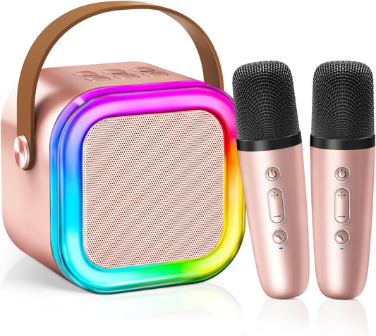 【2025 Newest】 Mini Karaoke Machine for Kids Girls & Boys - Portable Bluetooth Speaker with 2 Wireless Microphones - Kids Birthday Gifts for Ages 4-10 - Kids' Instrument Accessories - Rose Gold