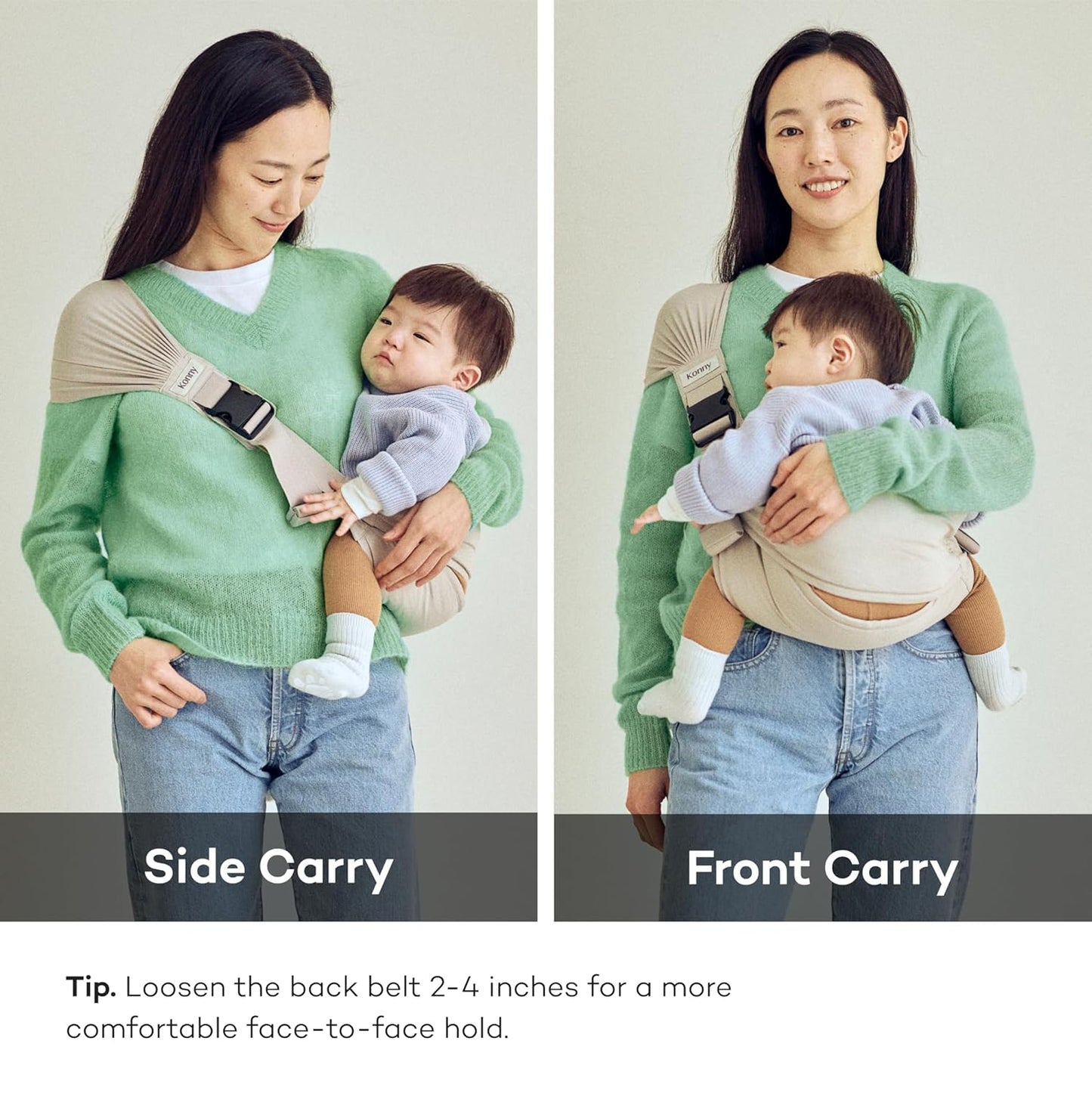 Konny Baby Carrier Hip Seat, Dual Support IHDI Certified with Two Safety Pads, Adjustable Wraps Sling Wearable One Size Fits All, Baby Essentials for 6 to 48 Months up to 44 lbs-Green Tea