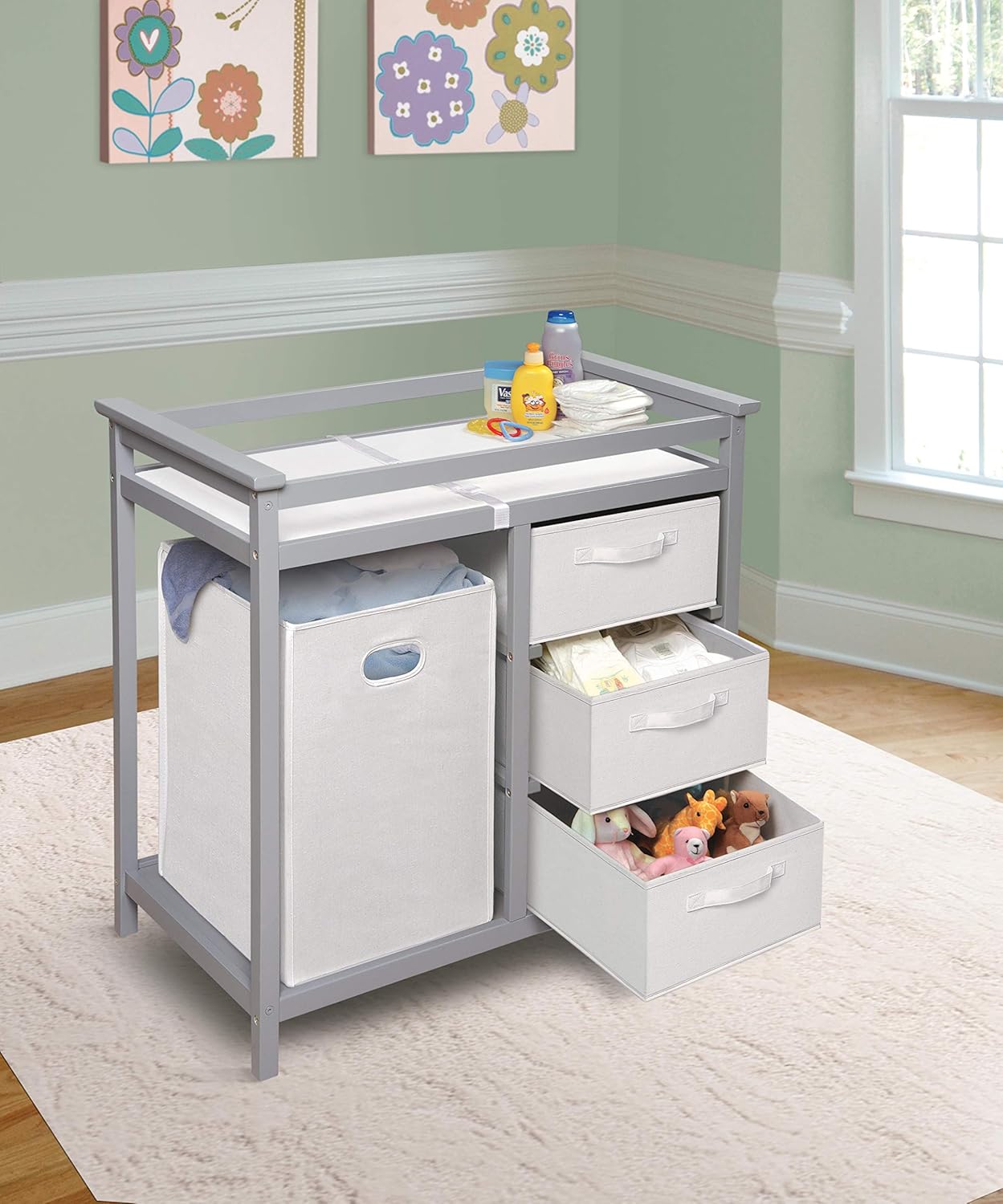 Badger Basket Modern Baby Changing Table - Nursery Furniture with Laundry Hamper and 3 Storage Drawers - Diaper Changing Station with Safety Belt, Changing Pad, Organizer Baskets - Cool Gray and White