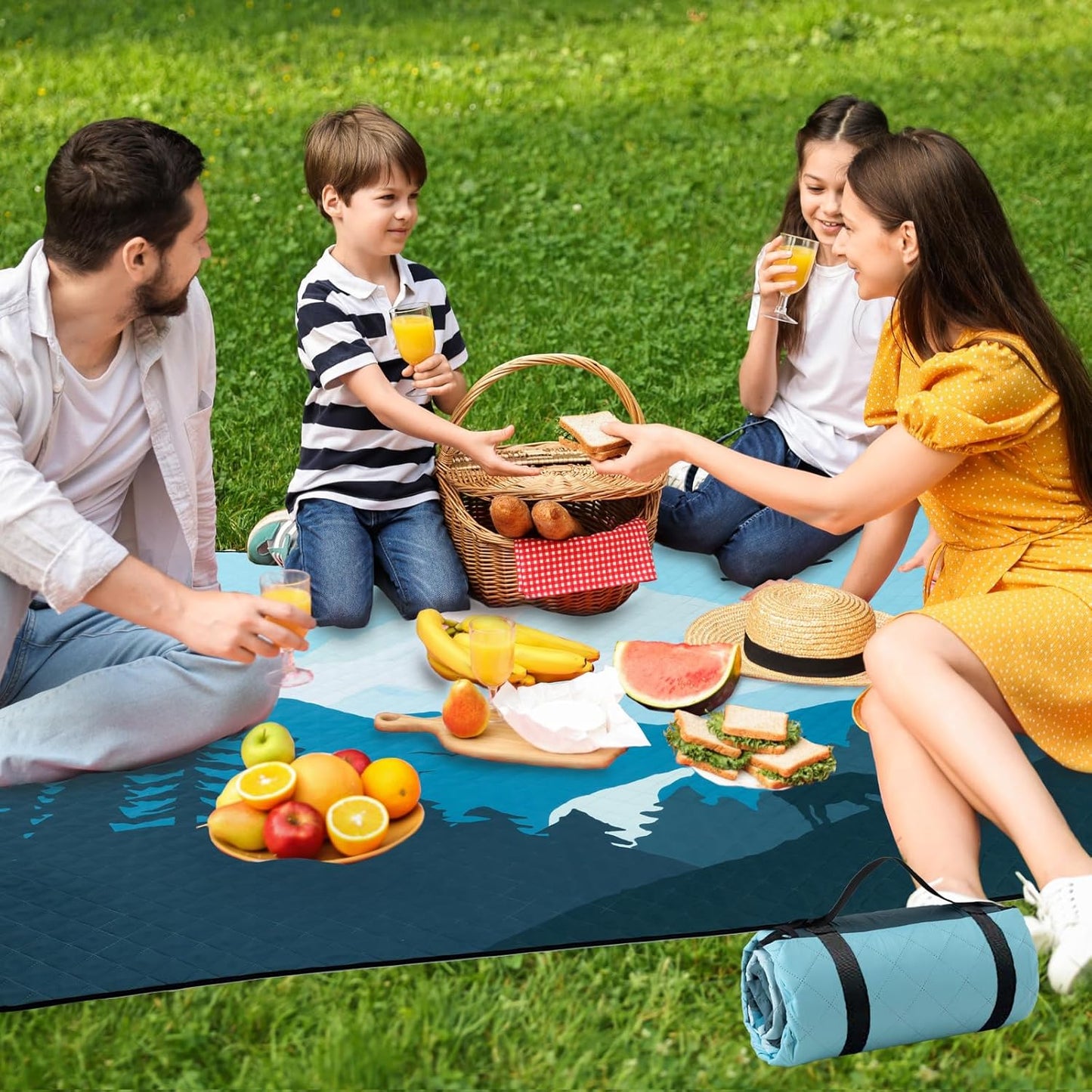 PY SUPER MODE Extra Large Waterproof Picnic Blankets 83x79 Inches - 5 Layer Outdoor Picnic Mat for Beach Camping Park Lawn, Windproof Anchor System with Stakes, Foldable Blue&Brown