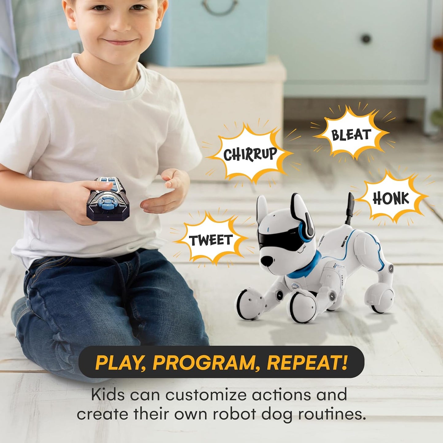 Top Race Rechargeable Robot Dog- Interactive Smart Robo Dog for Kids Ages 5-7 - Programmable with Remote Control, Voice and Touch Features - Realistic Actions and Perform Tricks - 4x5x6 Inches (White)