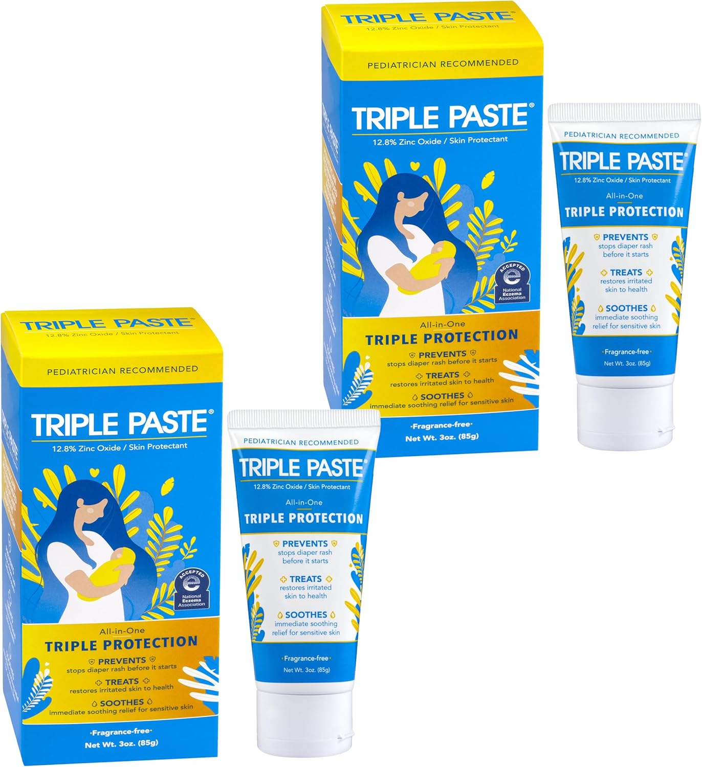 Triple Paste Diaper Rash Cream for Baby - 3 oz Tube - Zinc Oxide Ointment Treats, Soothes and Prevents Diaper Rash - Hypoallergenic Formula with Soothing Botanicals (Pack of 2)