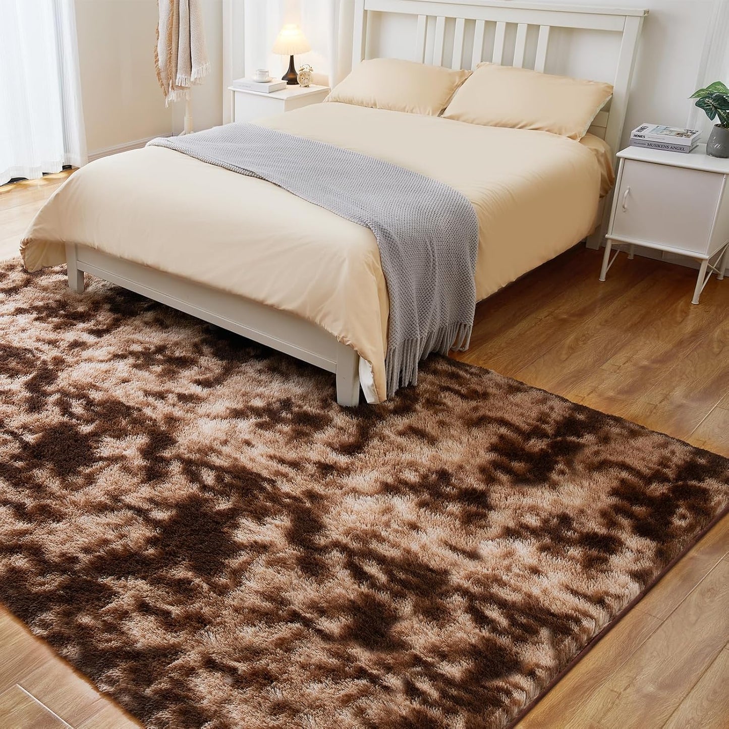 Ultra Soft Area Rugs for Living Room, 5x7 Tie-Dyed Brown Fluffy Plush Rugs for Bedroom, Non-Slip Floor Carpet for Kids Room, Bedside, Playroom, Corridor, Indoor Decor