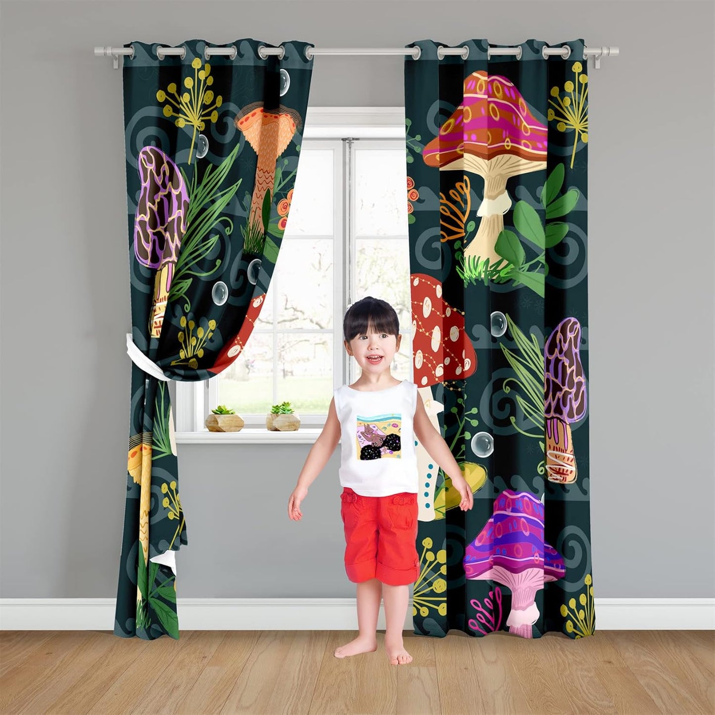 Mushrooms Curtain Panels for Kids Room 2Pcs, Green Cartoon Blackout Curtains 84 inch Length for Kids Bedroom Nursery Room Grommet Top Thermal Insulated Curtains, Dinosaur Print, 82" x 84"