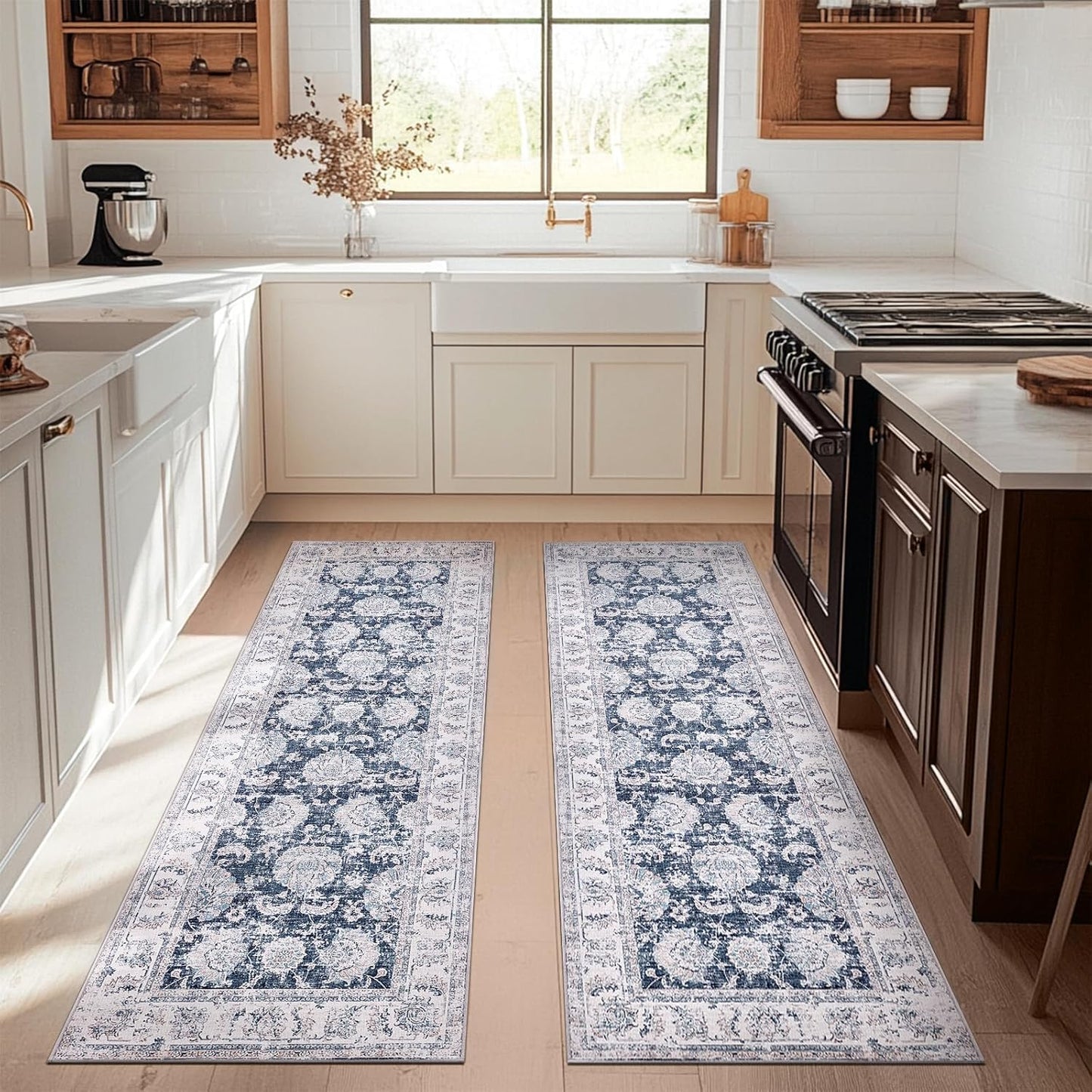 jinchan Runner Rug 3x8-2pcs Kitchen Washable Vintage Hallway Rug Floral Print Floor Cover Indoor Thin Retro Mat Accent for Bathroom Laundry Room Bedroom Office Farmhouse (Double,Dark Blue)