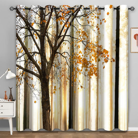 Aimego Autumn Forest Blackout Curtains Fall Yellow Orange Maple Tree Leaves Pattern Window Drapes Decor for Bedroom Living Room Grommet Top Room Darkening Curtains 2 Panel Set, 52"X63"