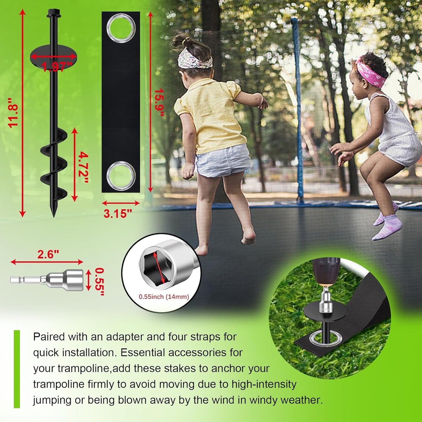 Eurmax USA Ground Anchors Screw in Trampoline Anchors High Wind Tent Stakes Heavy Duty Ground Stakes Trampoline Stakes Anchor Kit Set of 4 Bonus 4 Strong Belt (Black)