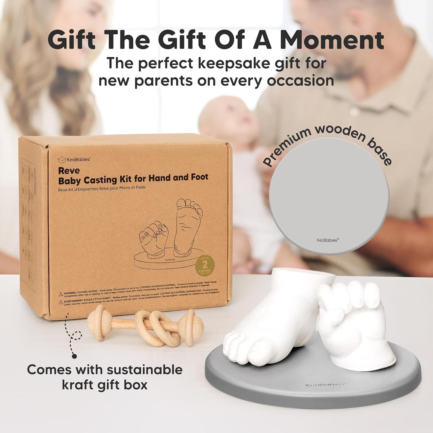 KeaBabies Baby Casting Kit Hands and Feet Mold - 3D Newborn Hand Casting Kit & Stylish Wood Base, Easy DIY Infant Foot Molds 0-9 Months,BPA-Free Baby Keepsake,Shower Gifts for Moms (Round, Cloud Gray)