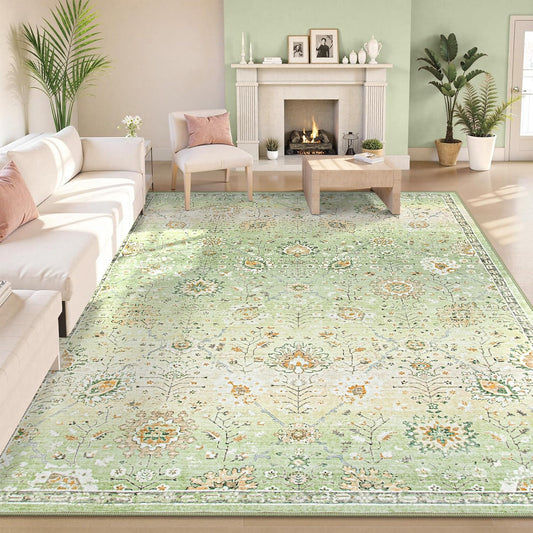 Lahome Sage Green Area Rug 8x10 for Living Room Bedroom, Soft Boho Floral Machine Washable Rugs, Non Slip Indoor Carpet for Nursery Playroom Indoor Home Decor
