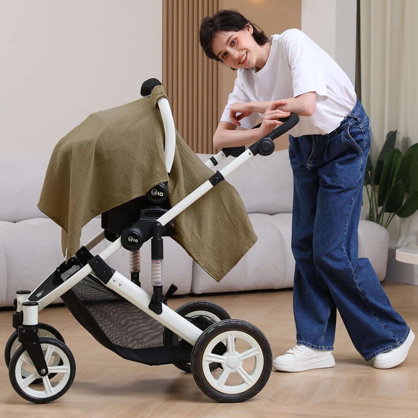 100% Muslin Cotton Car Seat Cover Baby, Carseat Canopy Cover, Universal Fit Stroller Covers for Boys and Girls (Coffee)