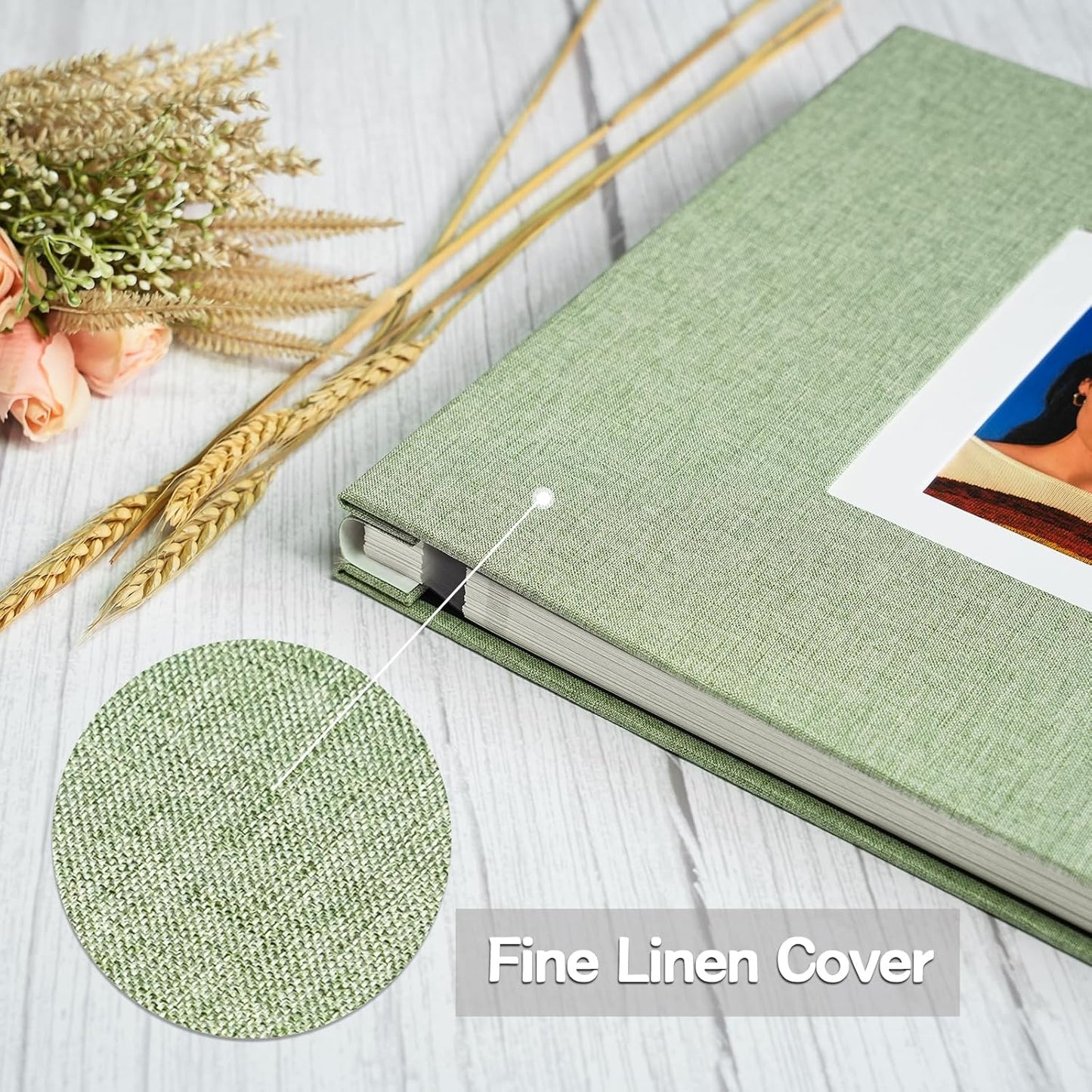 Vienrose Photo Album Self Adhesive for 2x3 4x6 5x7 8x10 Pictures DIY Scrapbook 60 Blank Pages Linen Cover Memory Book for Wedding, Baby Growth, Travel, Grassgreen