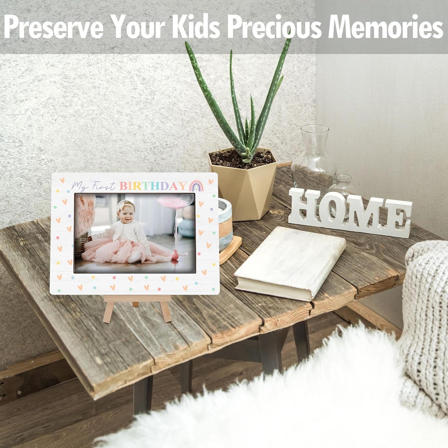 My 1st Birthday Picture Frames, Rainbow Wooden 4x6 Photo Frame with Easel, Baby First Year Birthday Gifts for Home Office Tabletop Display Decorations - G05