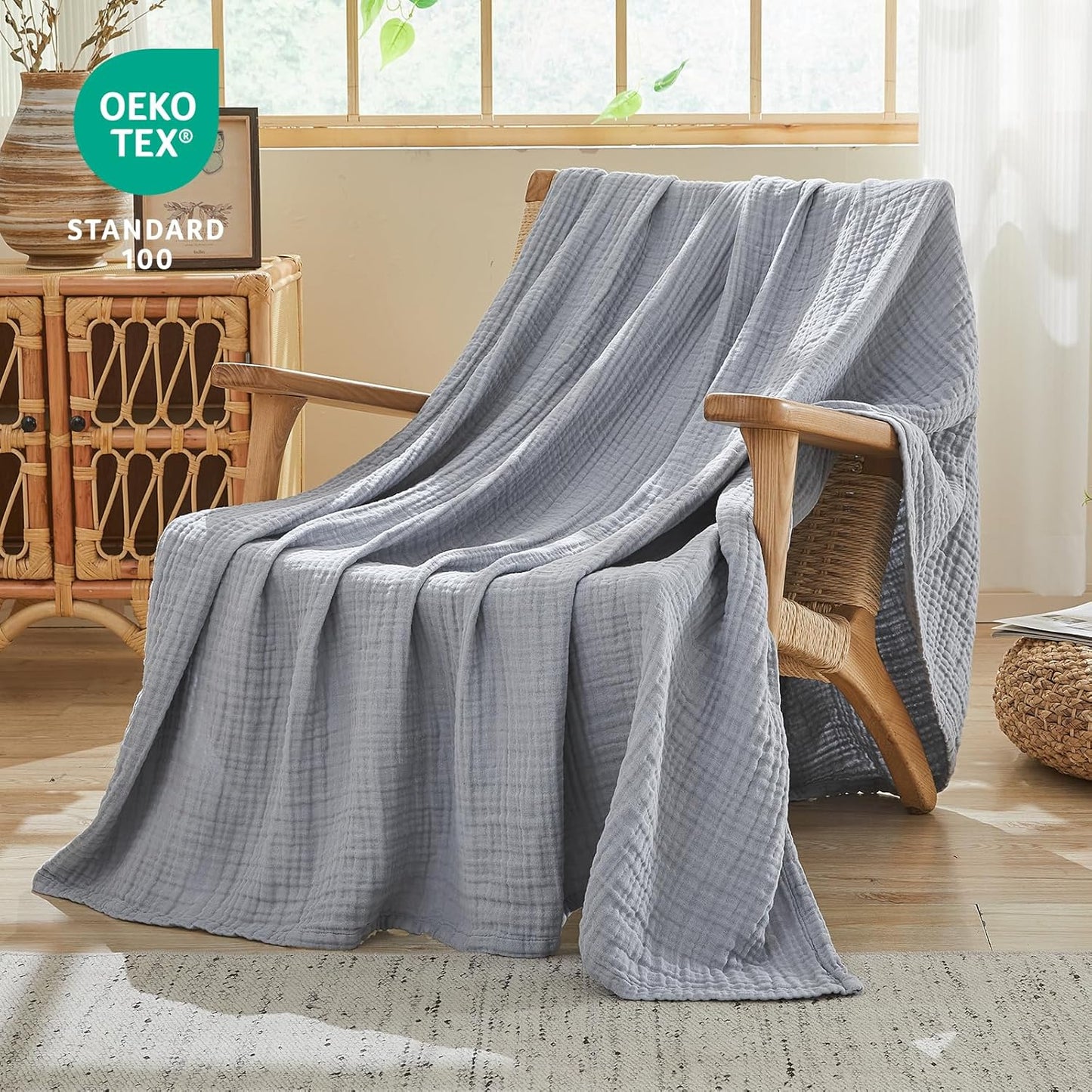 EMME Cotton Muslin Throw Blanket Couch Breathable Gauze Blanket Soft Lightweight Blankets Adults (Dusty Blue, 50"x60")