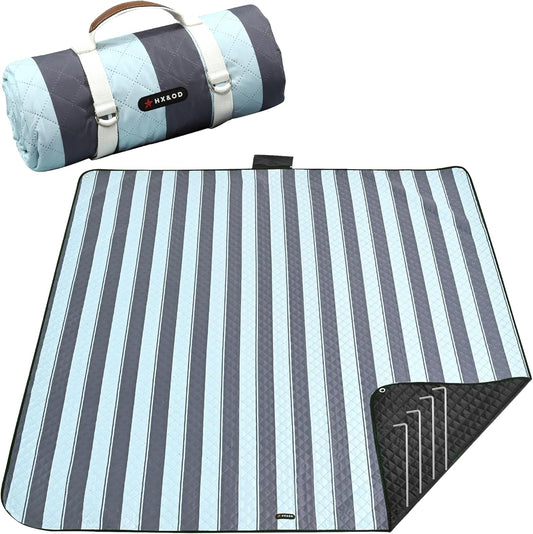 HX&OD Outdoor Picnic Blanket Extra Large, 80''*80'' Waterproof Picnic Mat with Stakes Foldable Camping Blanket Portable with Carry Strap for Beach Mat (Grey& Green, 80''*80'')
